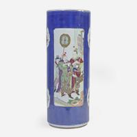A Chinese powder-blue ground umbrella vase 洒蓝地开光瓷瓶