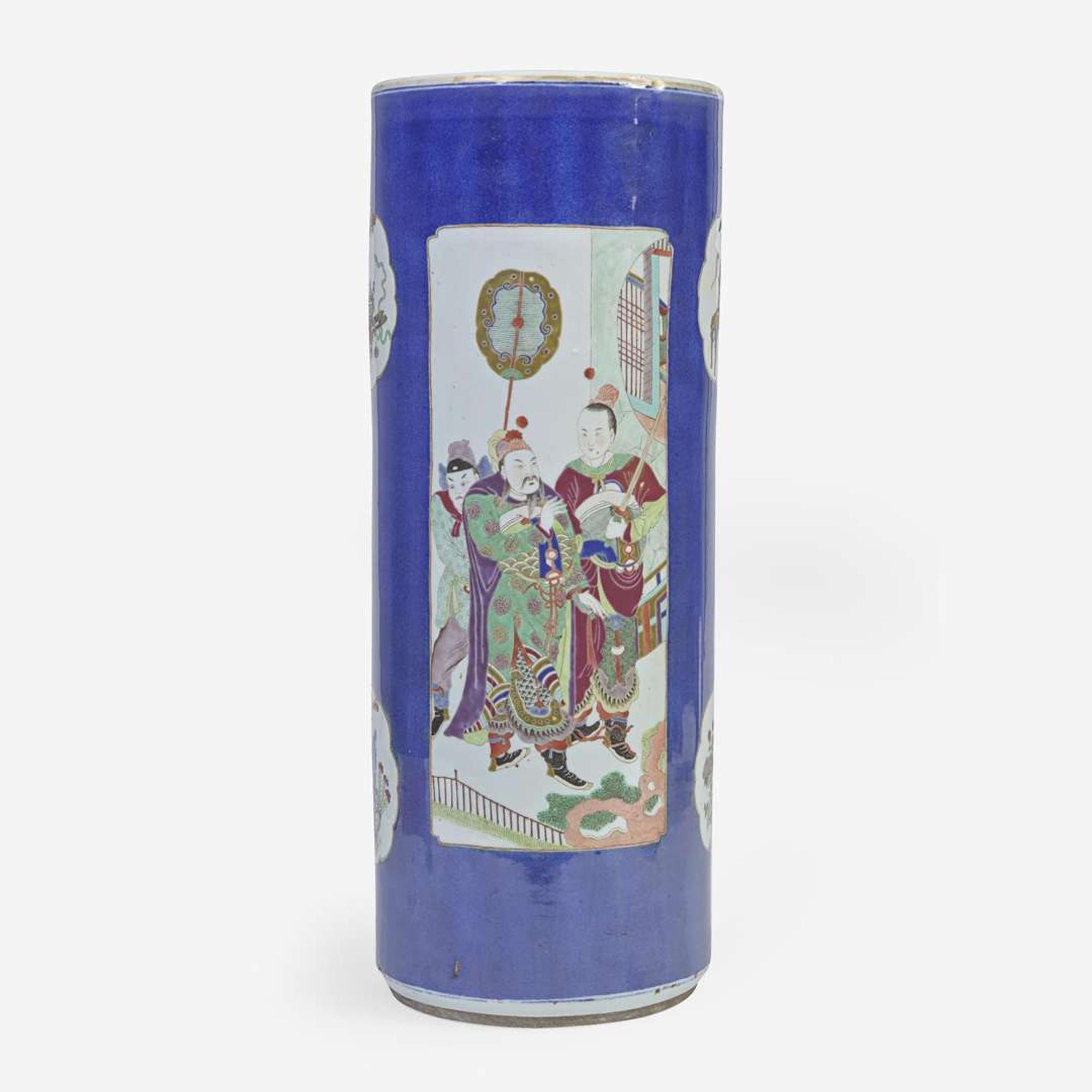 A Chinese powder-blue ground umbrella vase 洒蓝地开光瓷瓶