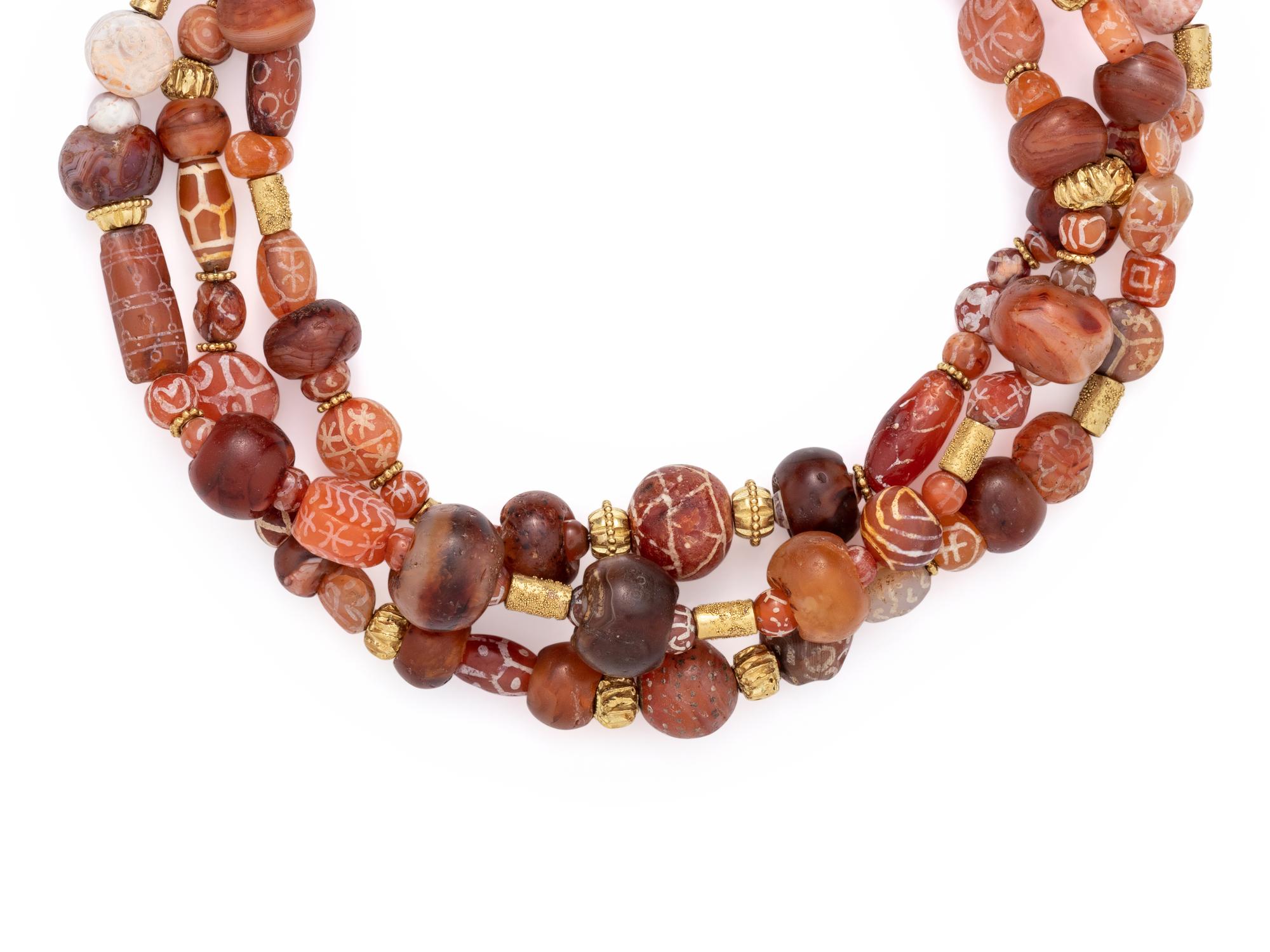 ELIZABETH GAGE, ANCIENT CARNELIAN AND YELLOW GOLD BEAD NECKLACE