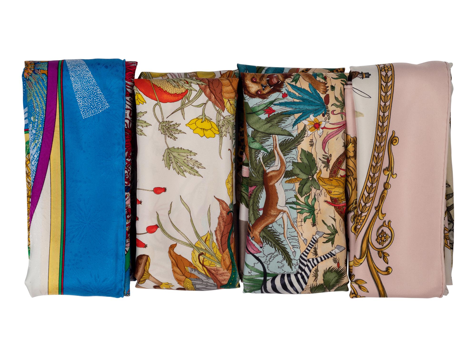 Four Silk Scarves: Two Hermès and Two Gucci