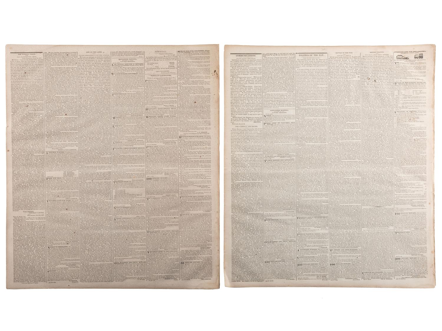 [SLAVERY & ABOLITION]. Advertisements for the return of freedom seekers published in 8 issues of The National Intelligencer . Washington, DC: May-August 1837.