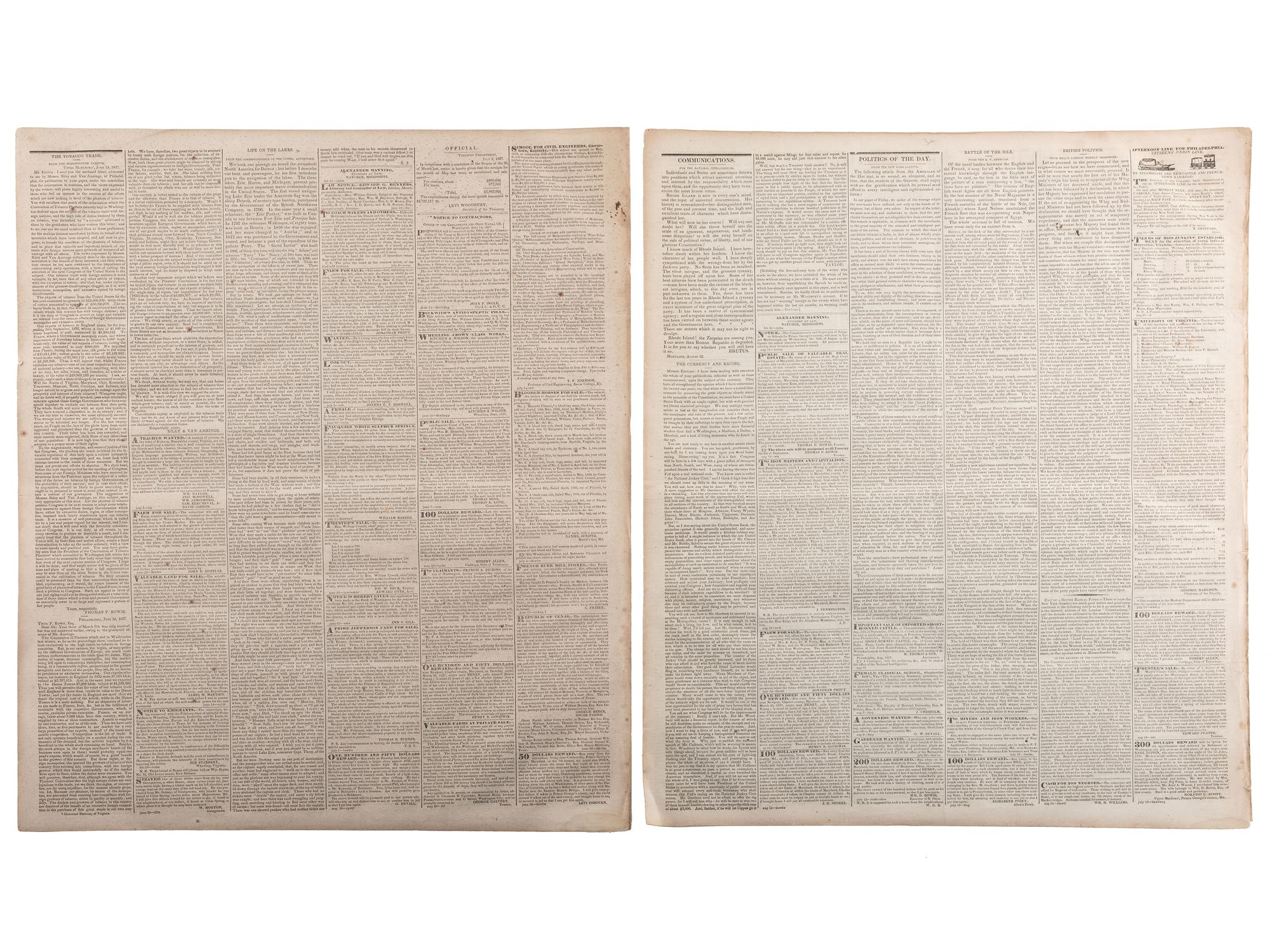 [SLAVERY & ABOLITION]. Advertisements for the return of freedom seekers published in 8 issues of The National Intelligencer . Washington, DC: May-August 1837.