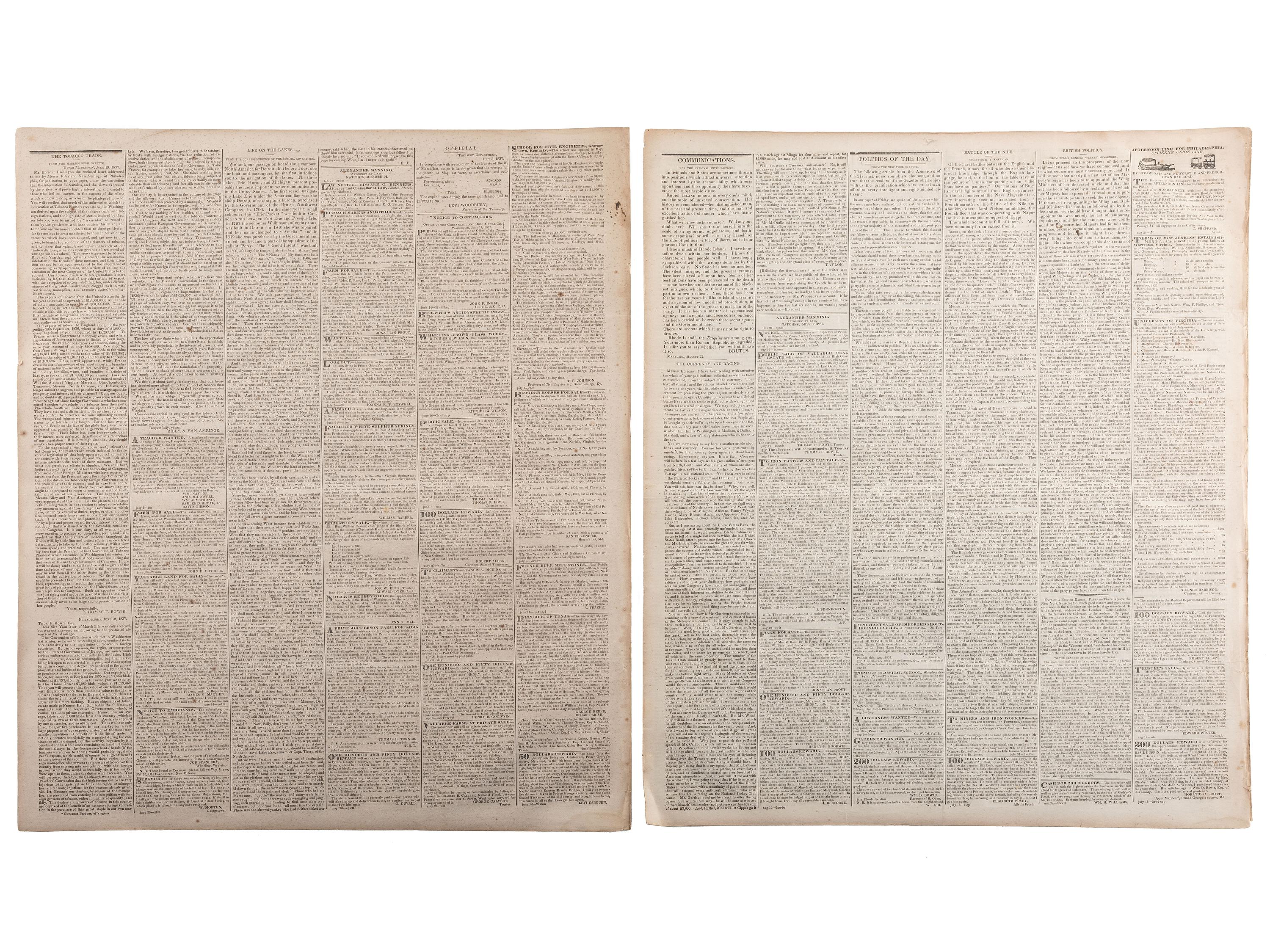 [SLAVERY & ABOLITION]. Advertisements for the return of freedom seekers published in 8 issues of The National Intelligencer . Washington, DC: May-August 1837.