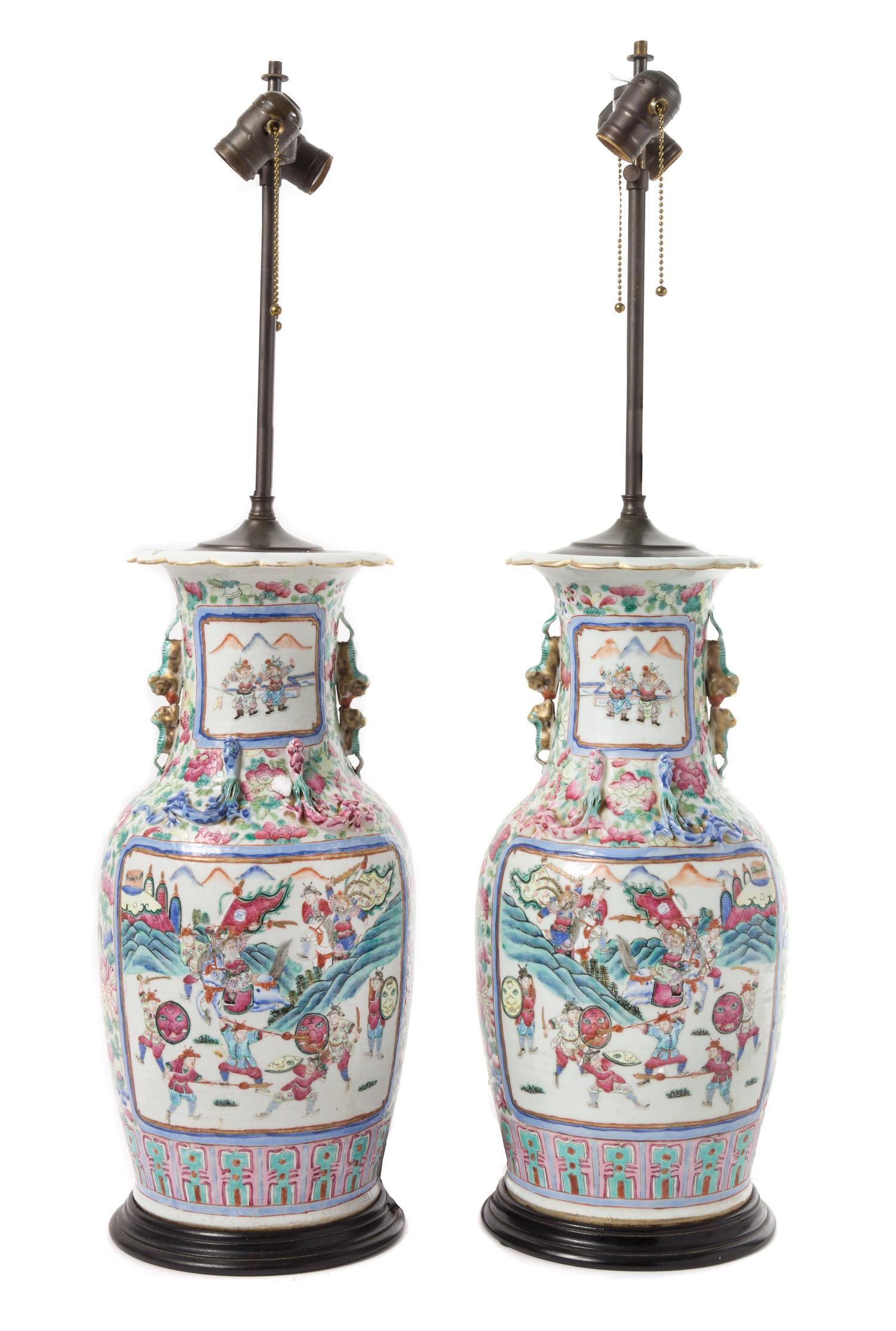 A Pair of Chinese Export Rose Canton Porcelain Vases Height 17 1/4 inches. — FIRST HALF OF 19TH CENTURY