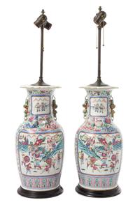 A Pair of Chinese Export Rose Canton Porcelain Vases Height 17 1/4 inches. — FIRST HALF OF 19TH CENTURY