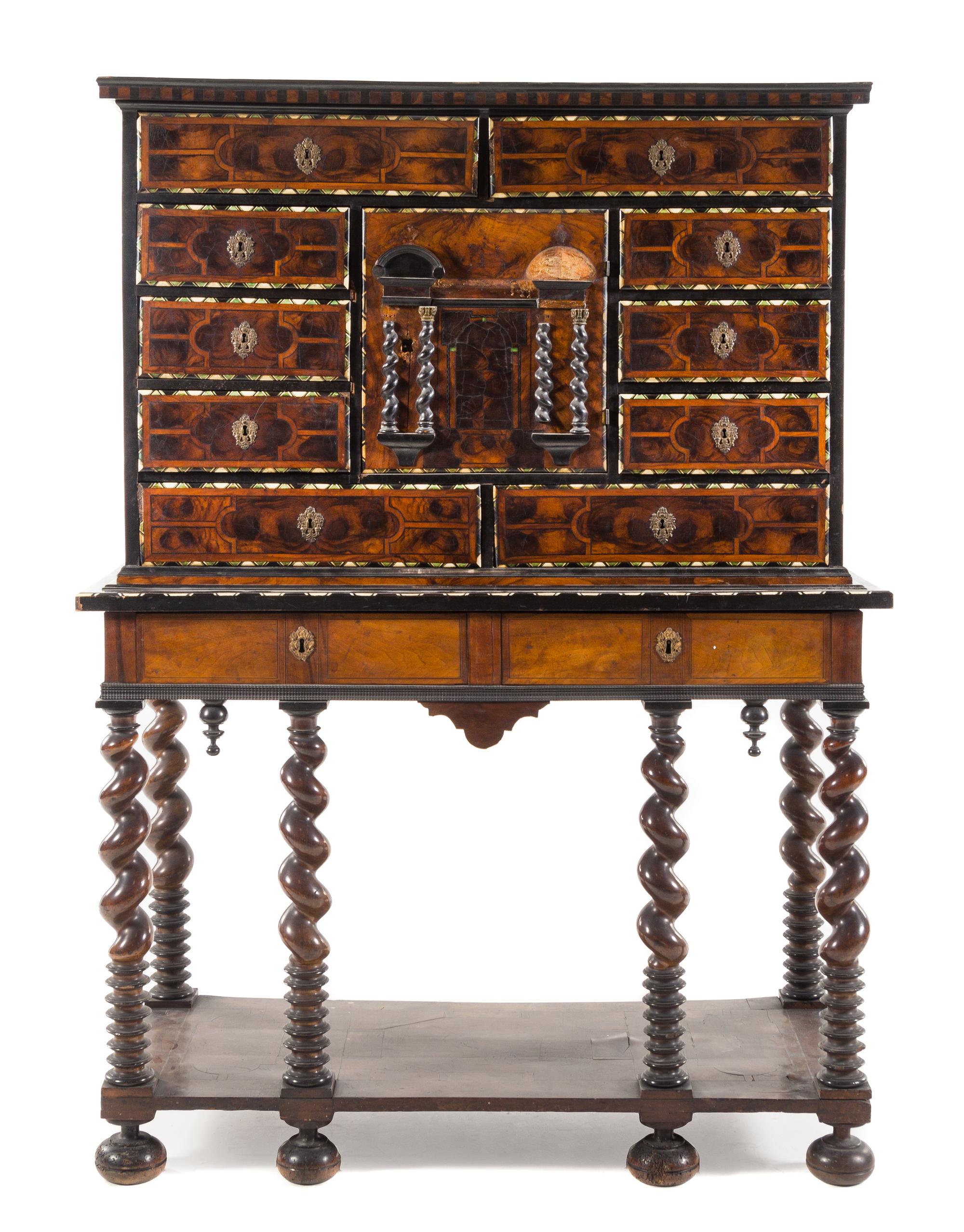 An Italian Bone Inlaid Burl Walnut Cabinet on Stand Height 66 7/8 x width 48 3/8 x depth 21 1/8 inches. — CIRCA 1700