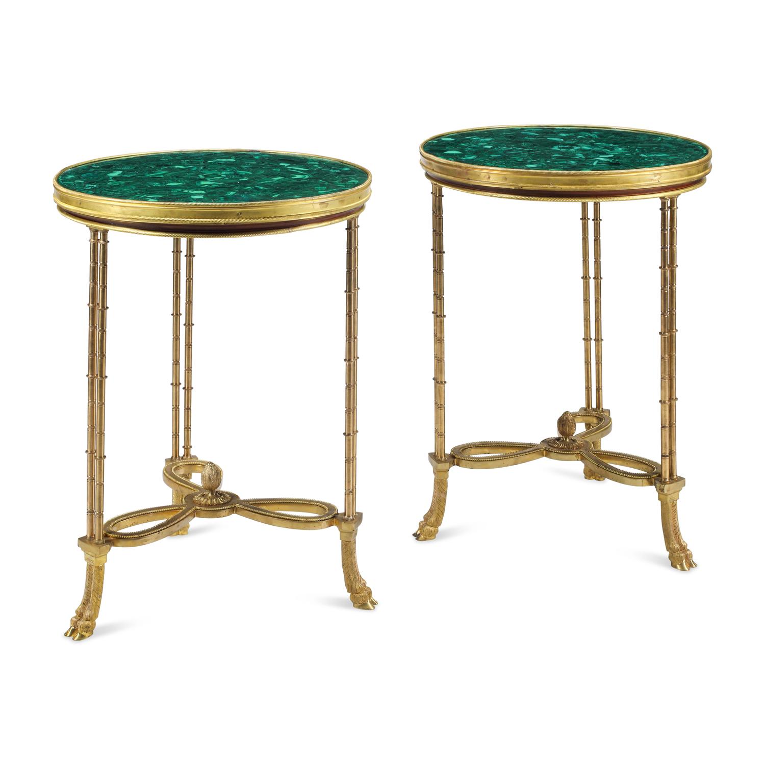 A Pair of Louis XVI Style Gilt Bronze and Malachite Tables