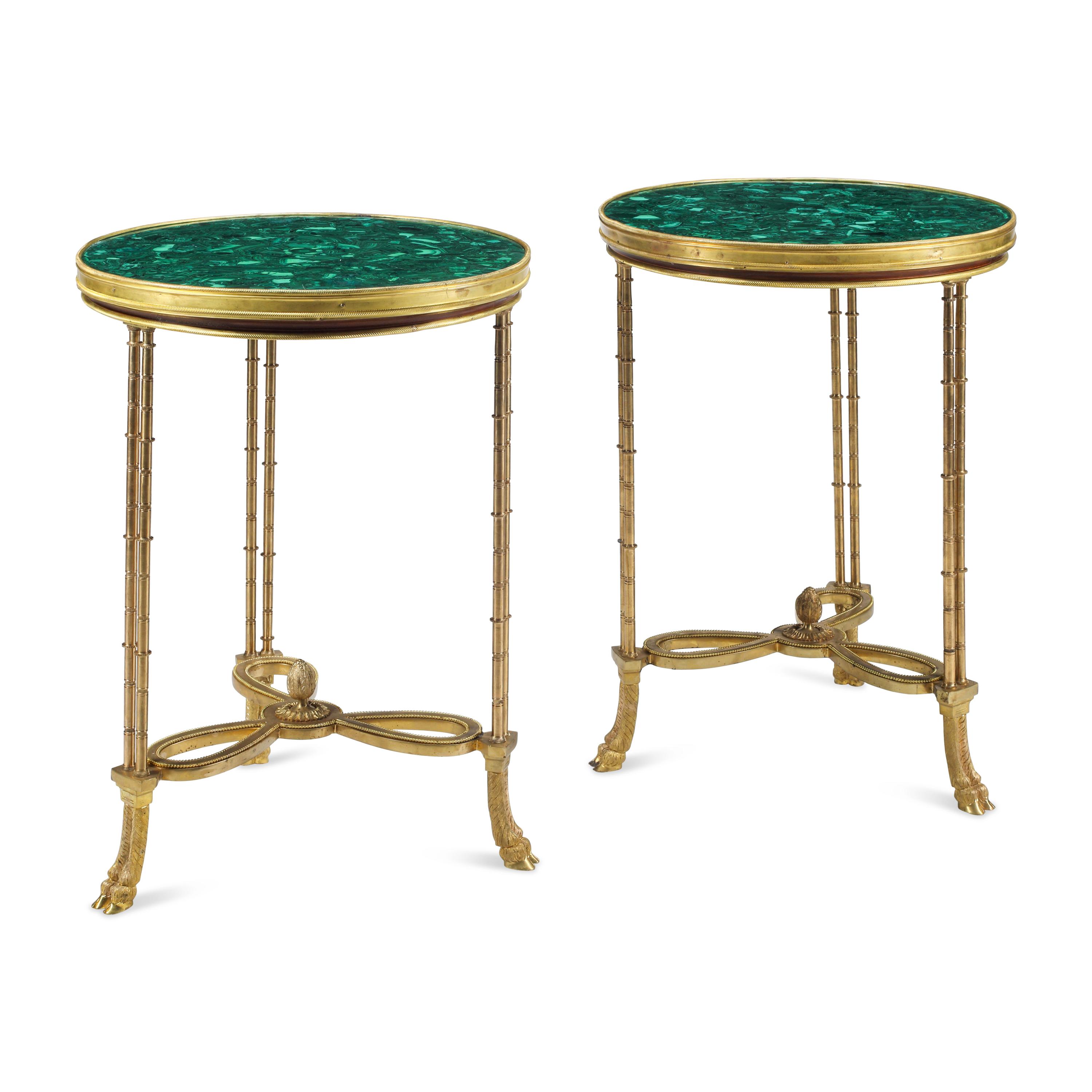 A Pair of Louis XVI Style Gilt Bronze and Malachite Tables