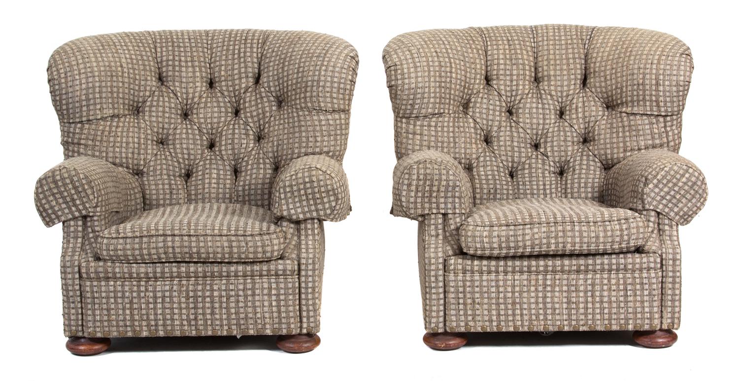 A Pair of Upholstered Button-Tufted Armchairs with a Matching Ottoman Height 37 inches. — 20TH CENTURY