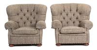 A Pair of Upholstered Button-Tufted Armchairs with a Matching Ottoman Height 37 inches. — 20TH CENTURY