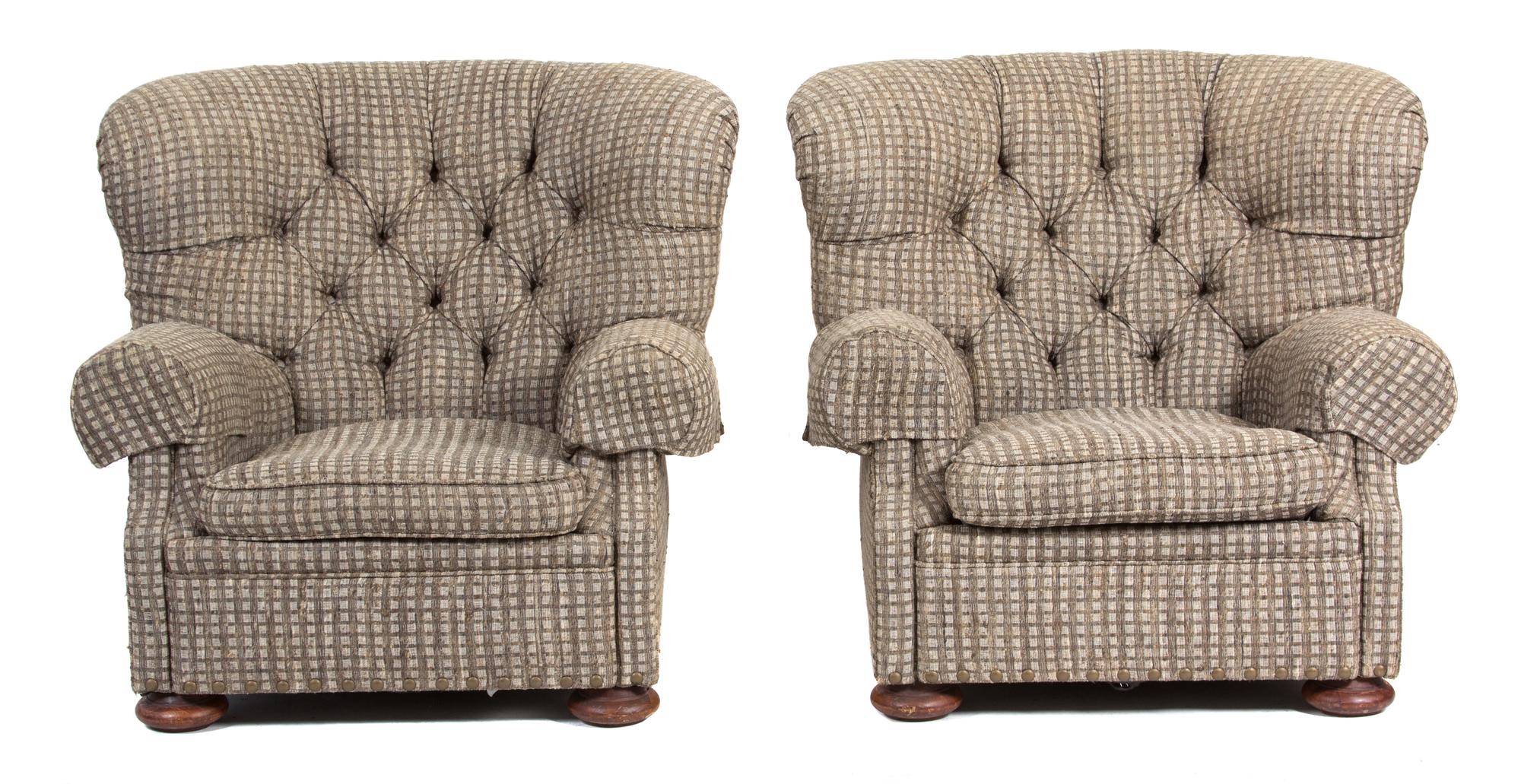 A Pair of Upholstered Button-Tufted Armchairs with a Matching Ottoman Height 37 inches. — 20TH CENTURY