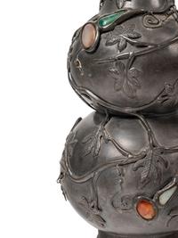 Two Chinese Hardstone Inset Pewter Articles