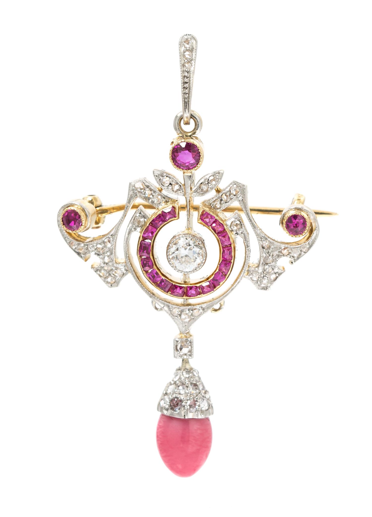 A Belle Epoque Platinum Topped Gold, Diamond, Ruby and Natural Conch Pearl Pendant/Brooch, 5.50 dwts.