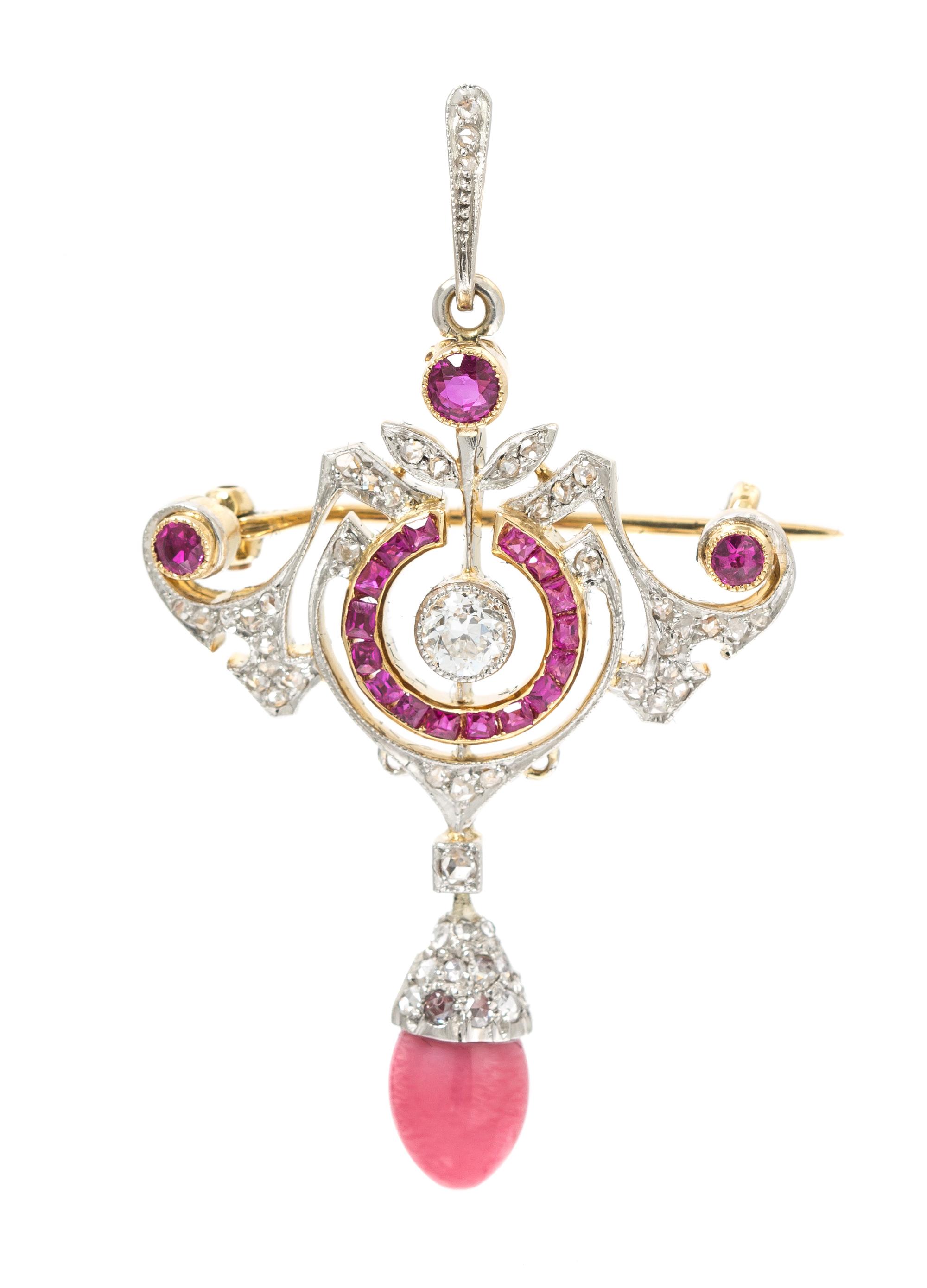 A Belle Epoque Platinum Topped Gold, Diamond, Ruby and Natural Conch Pearl Pendant/Brooch, 5.50 dwts.