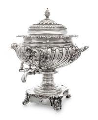 A Silver-Plate Coffee Urn, , the domed cover with a continuous band of foliate scrolls, the gadroon body having acanthus capped loop ha