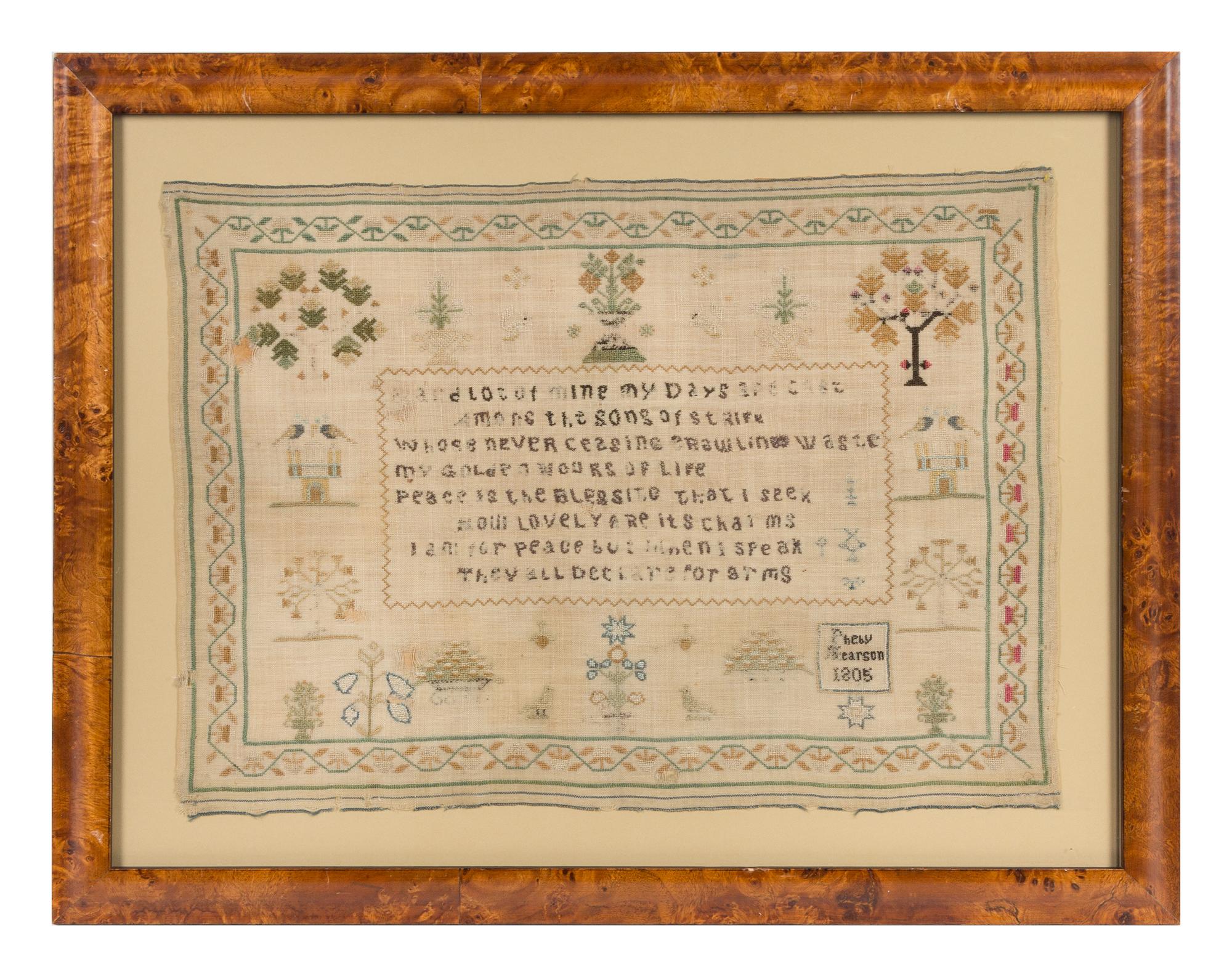 An English Needlepoint Sampler Frame: 17 3/8 x 21 3/4 inches. — PHEBY SEARSON, DATED 1805