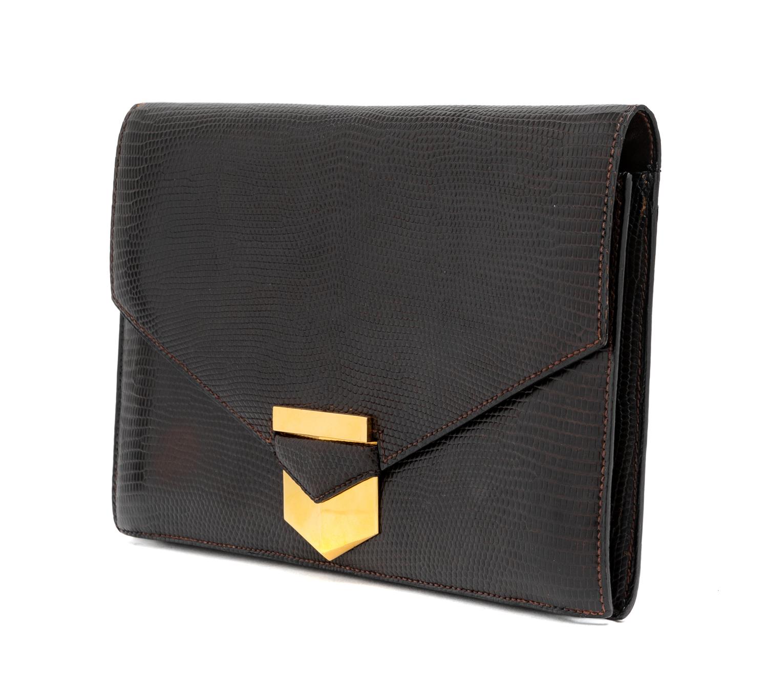 Hermès Midnight Brown Lizard Envelope Clutch, 1970s