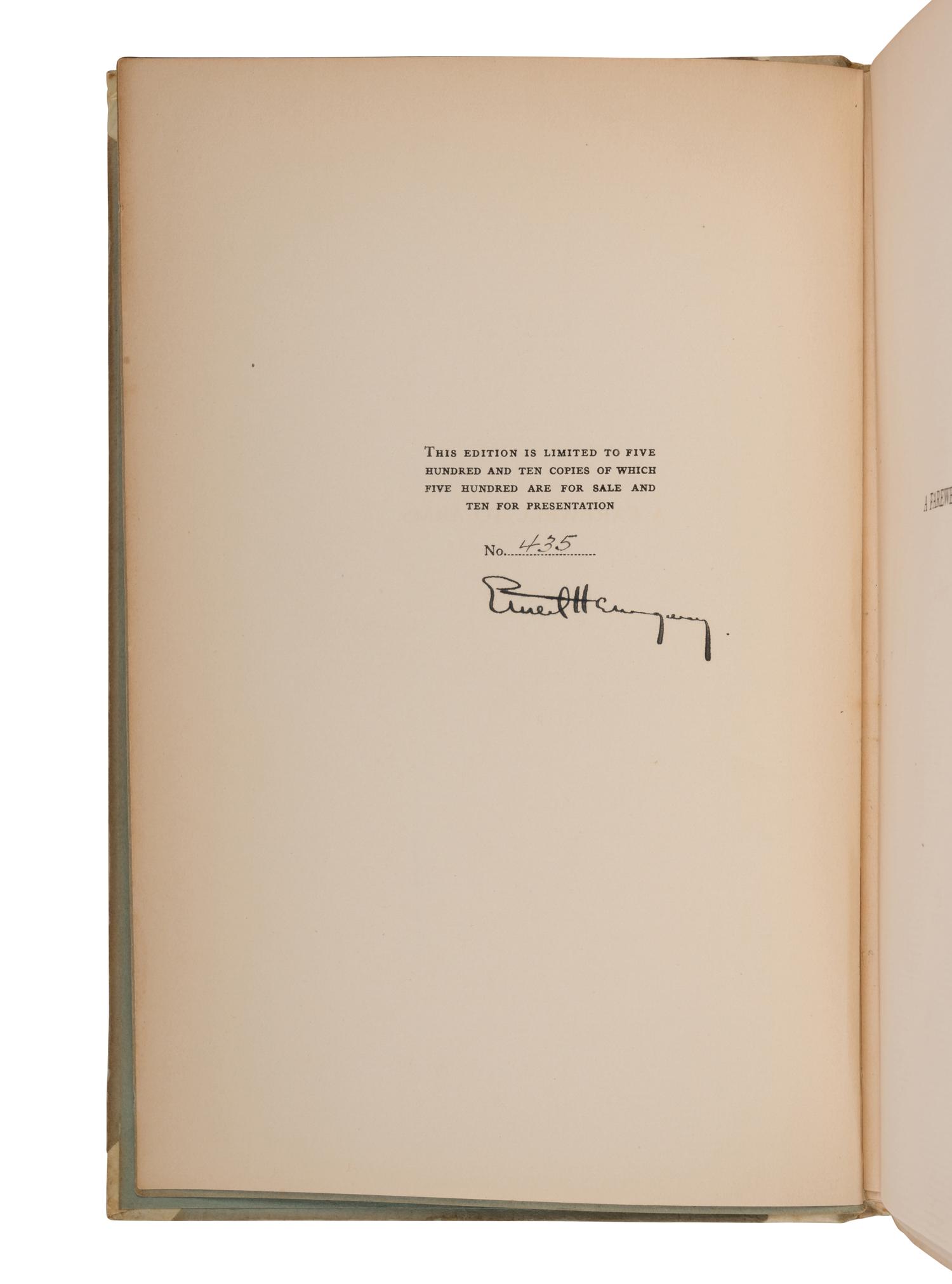 HEMINGWAY, Ernest (1899-1961). A Farewell to Arms . New York: Charles Scribner's Sons, 1929.