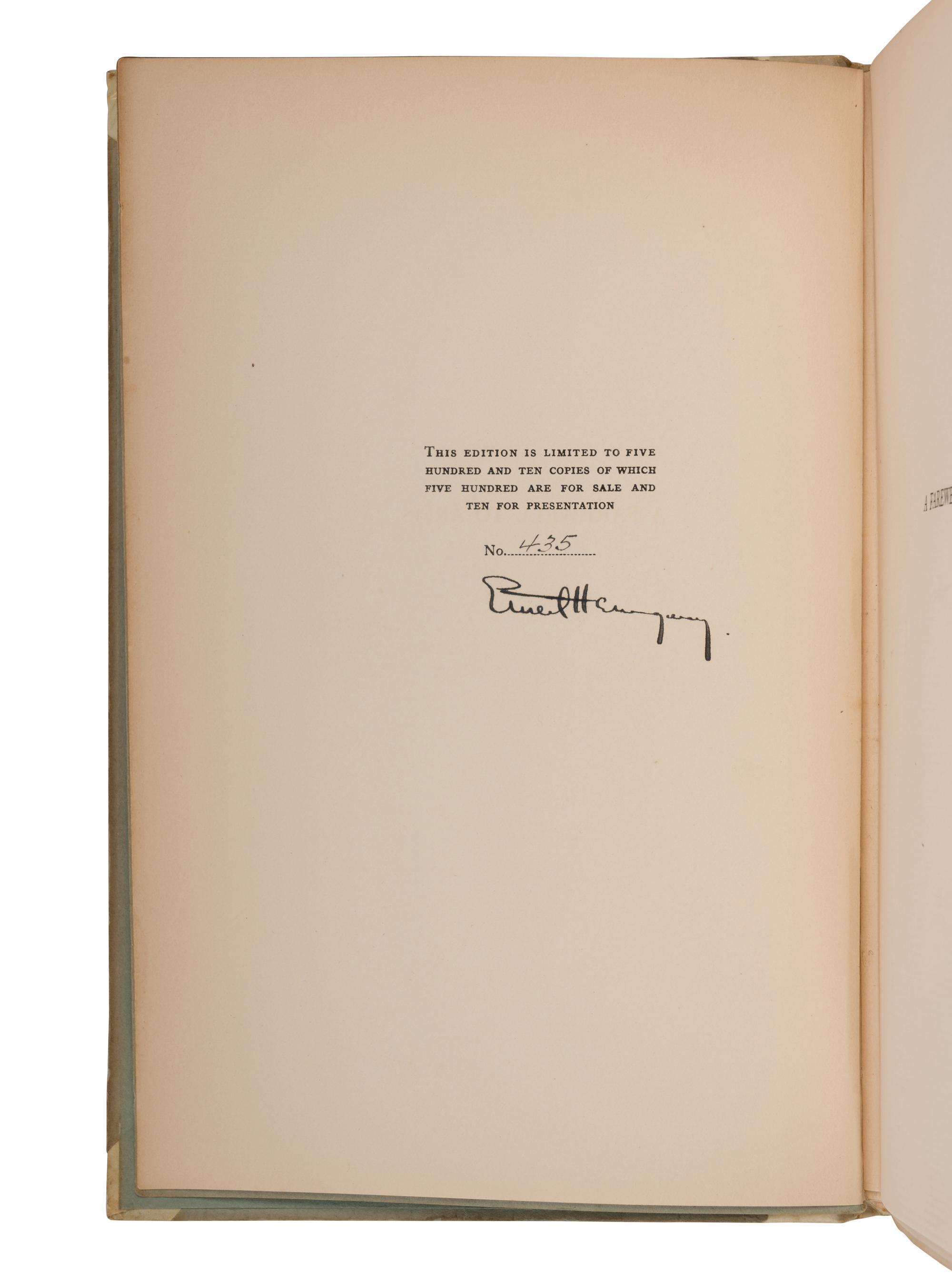 HEMINGWAY, Ernest (1899-1961). A Farewell to Arms . New York: Charles Scribner's Sons, 1929.