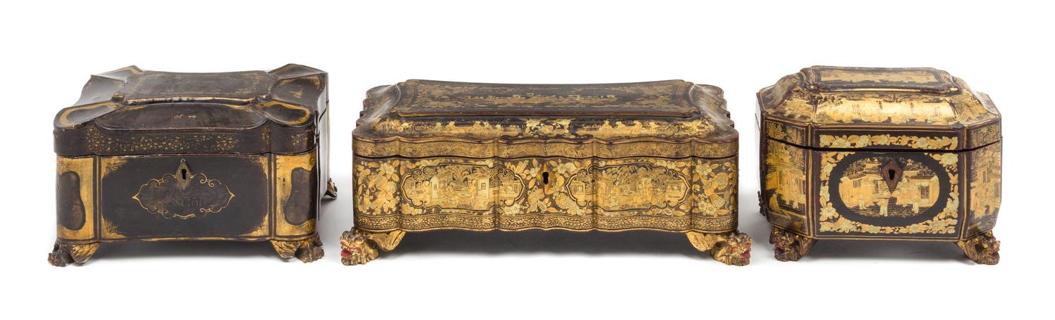 Two Chinese Export Lacquered Tea Caddies Width of widest 13 3/8 inches. — 19TH CENTURY