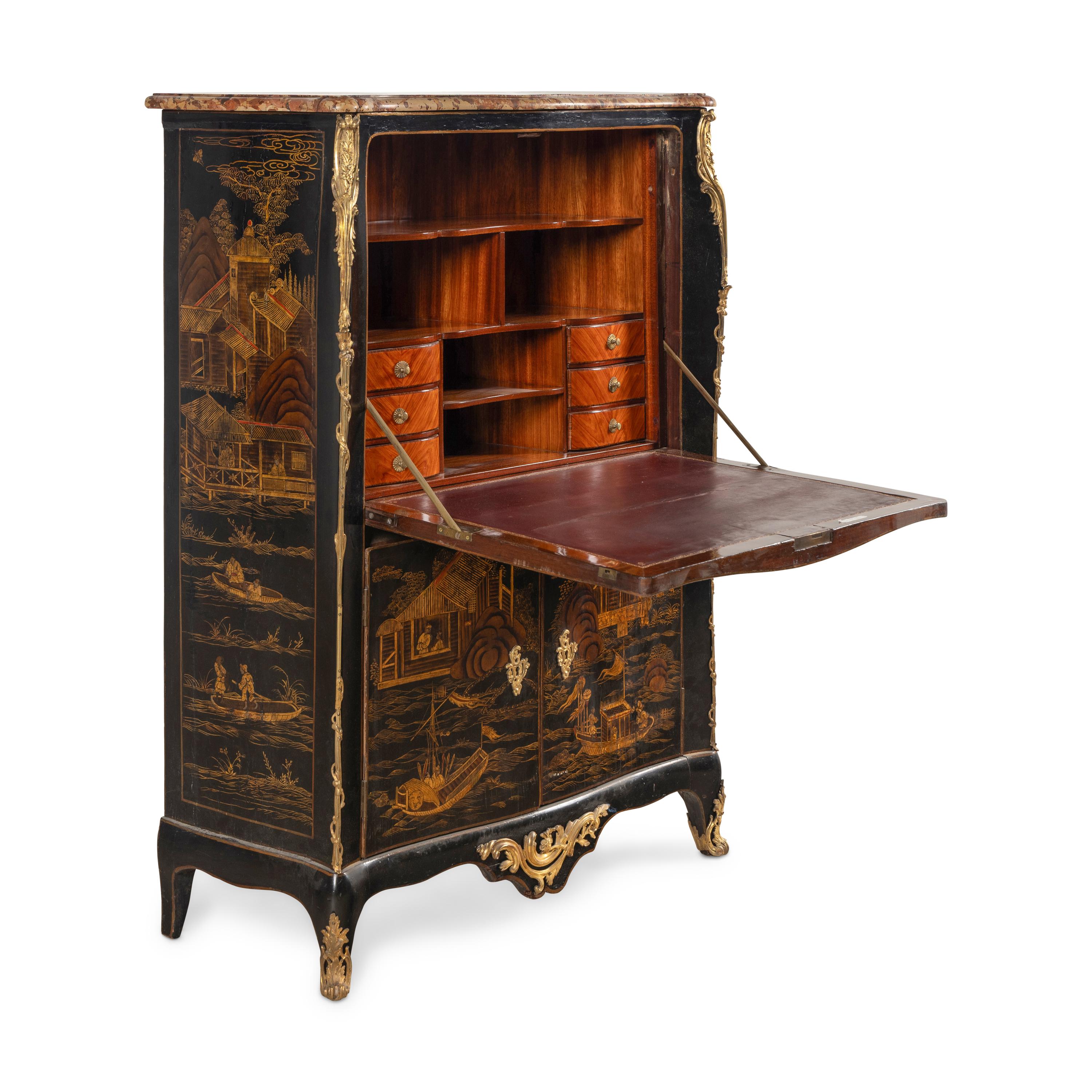 A Louis XV Gilt Bronze Mounted Black and Gold Lacquer Secrétaire à Abattant