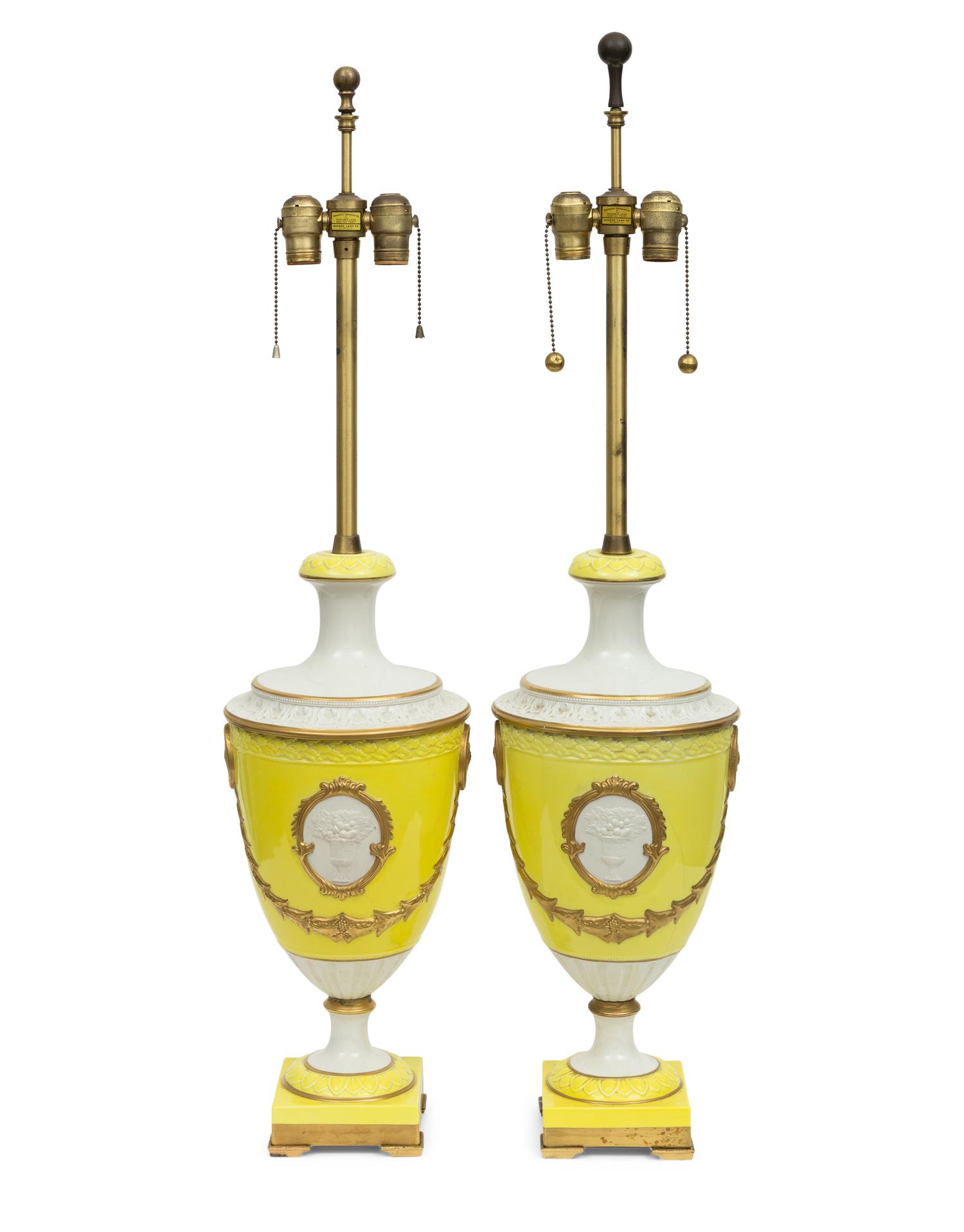 A Pair of Marbro Parcel Gilt Canary Yellow Urn-Form Porcelain Lamps