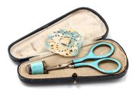A German Silver and Guilloche Enamel Thimble and Scissor Kit, , the scissor and thimble each with a pale blue guilloche enamel band in