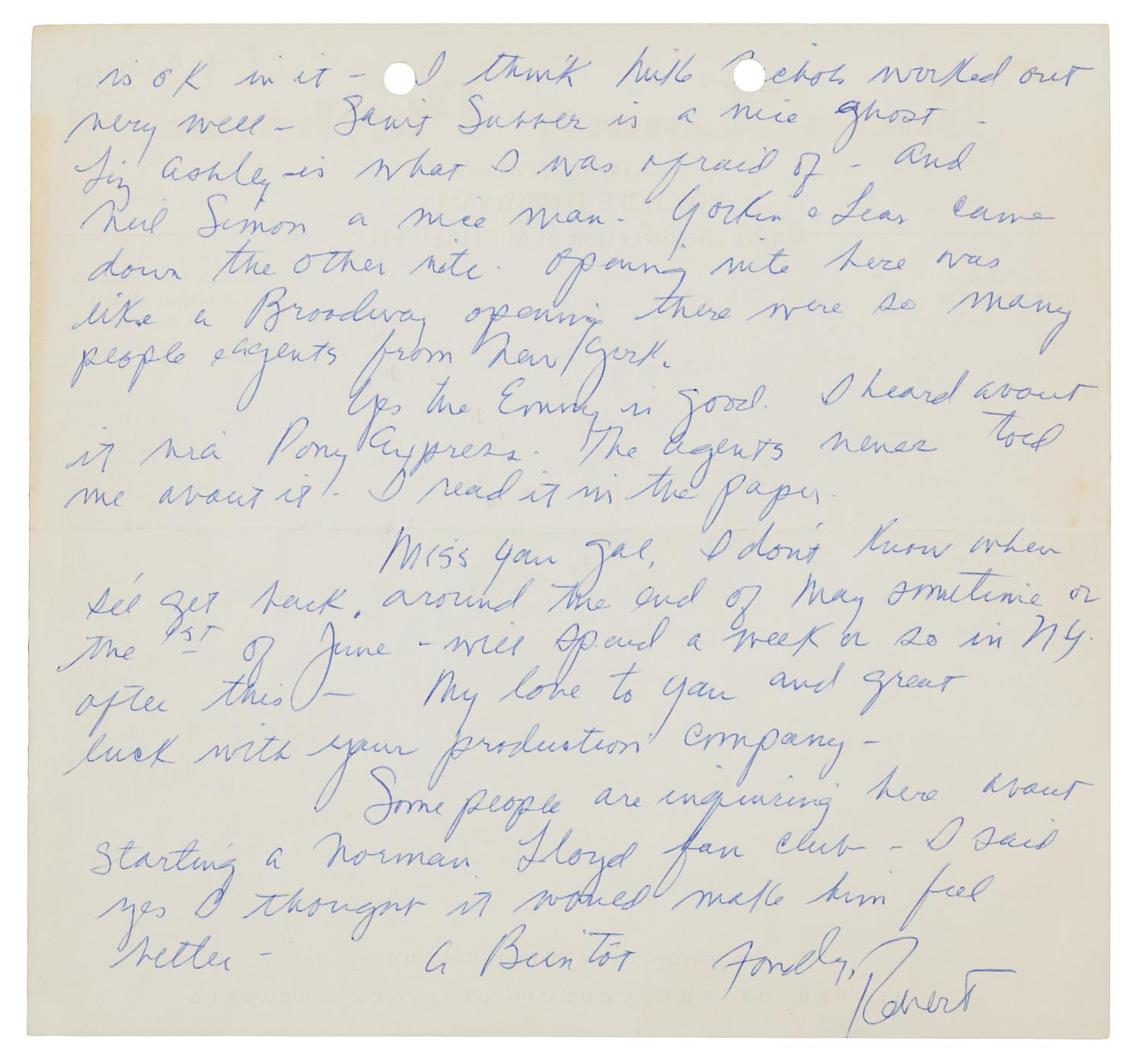 REDFORD, Robert (b.1936). Autograph letter signed ("Robert"), to his agent Ms. Monique James. N.p., [ca 1961-1962].