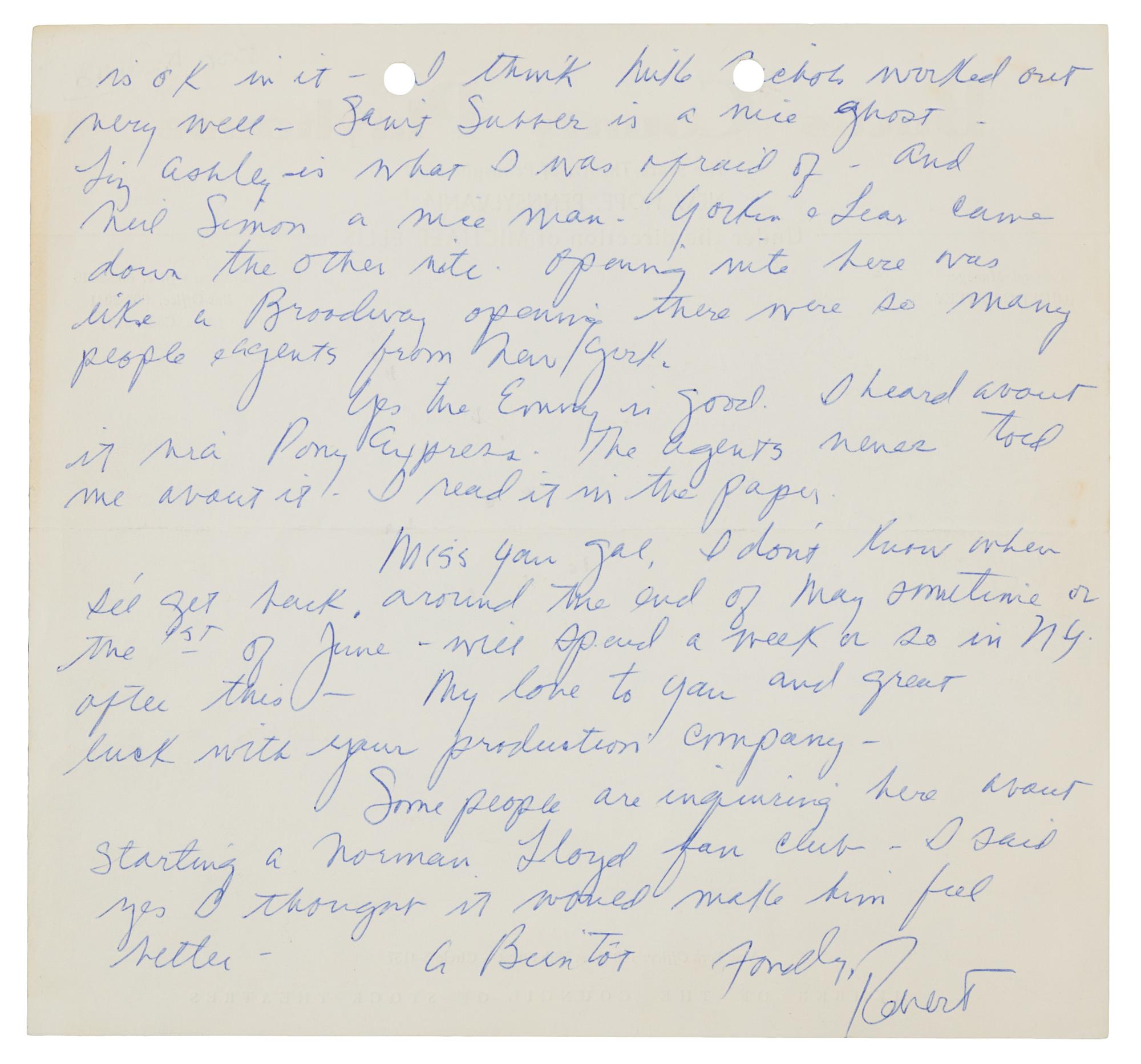 REDFORD, Robert (b.1936). Autograph letter signed ("Robert"), to his agent Ms. Monique James. N.p., [ca 1961-1962].