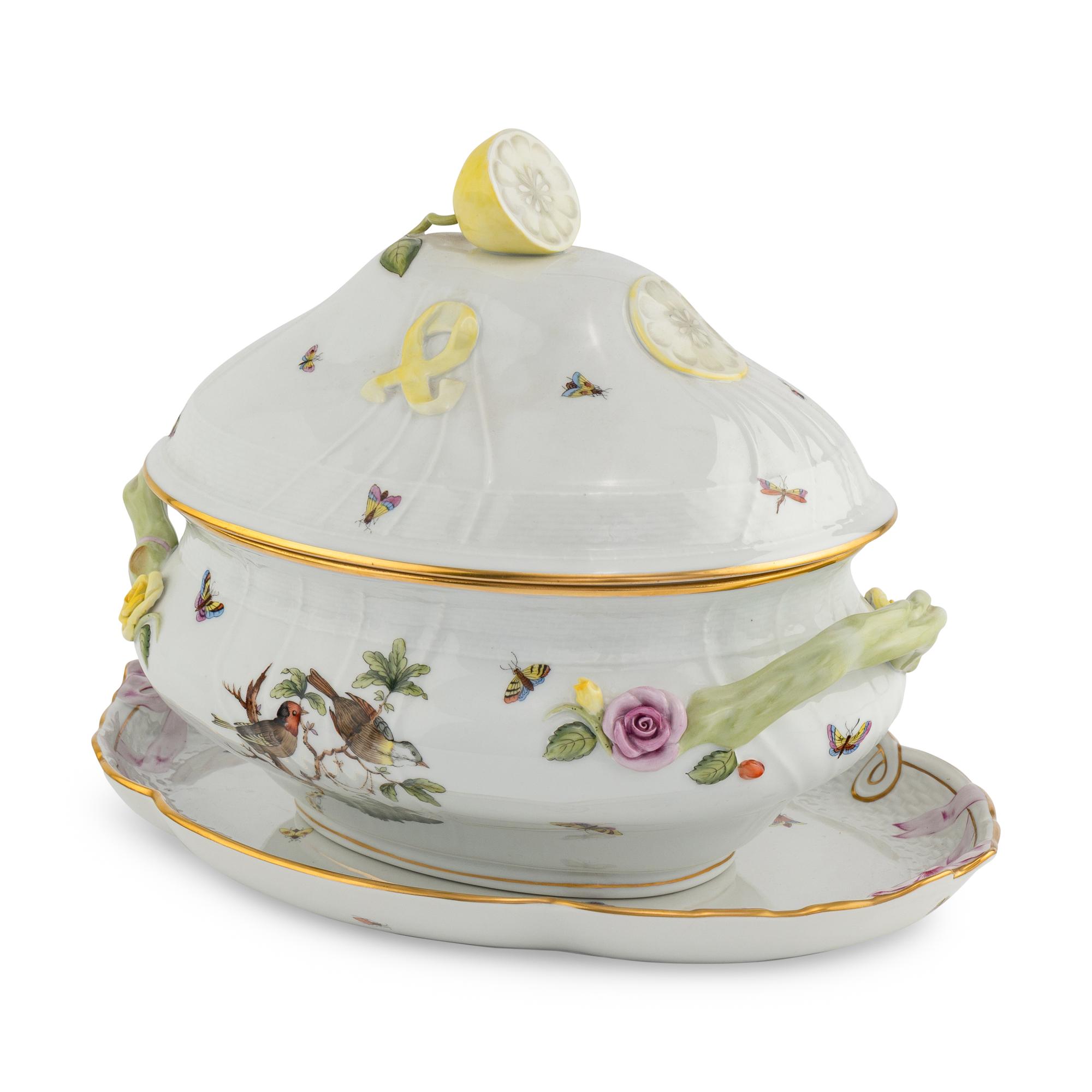 A Herend Rothschild Bird Porcelain Tureen and Underplate