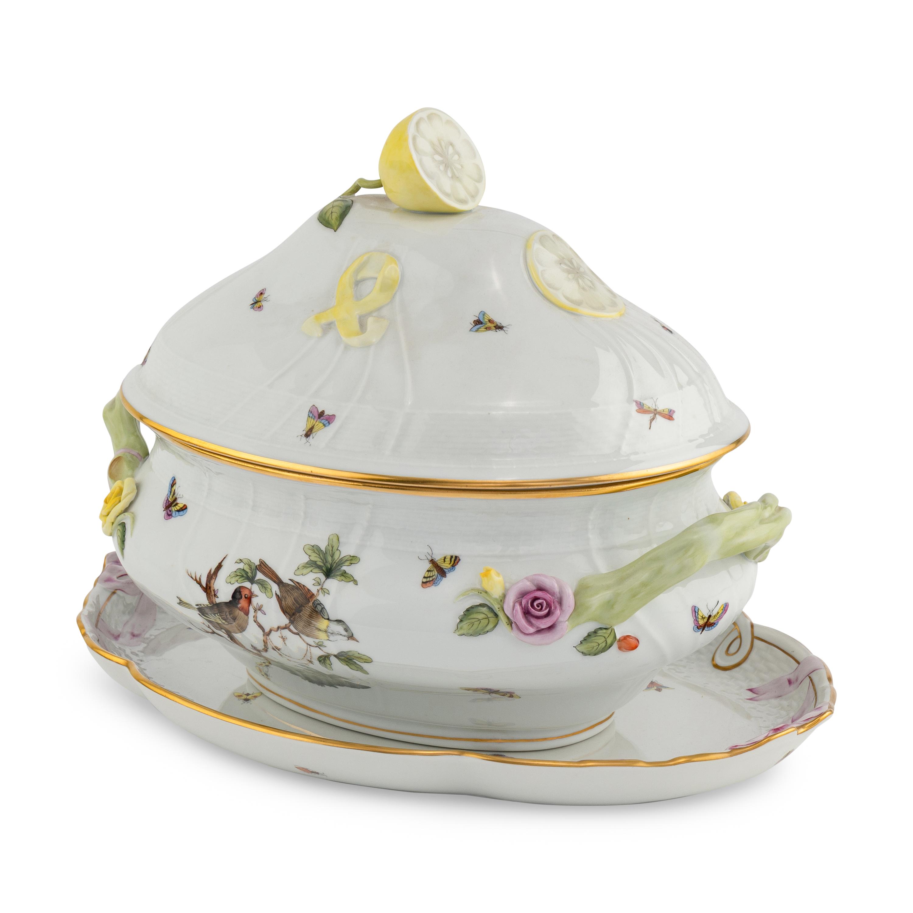 A Herend Rothschild Bird Porcelain Tureen and Underplate