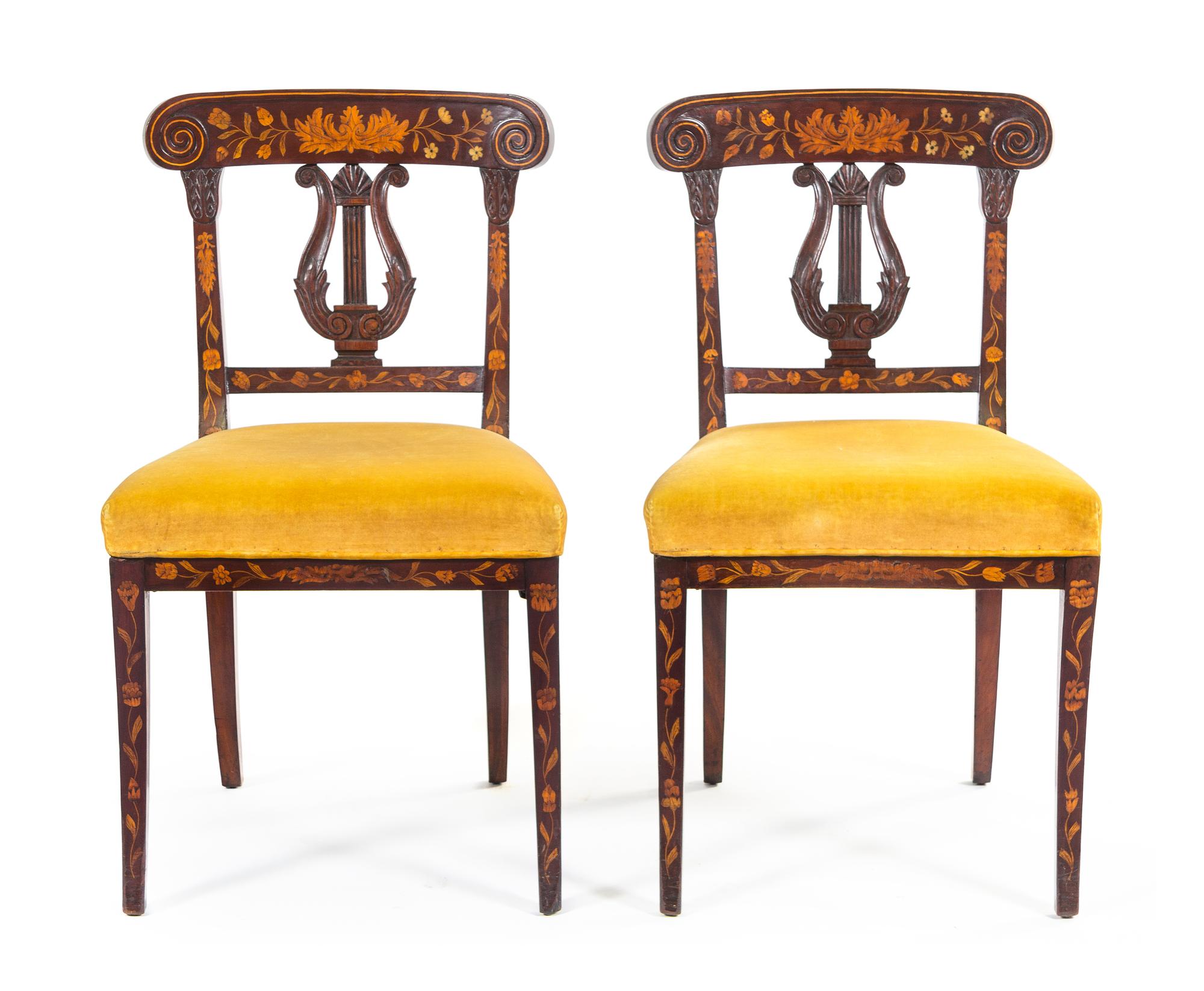 A Pair of Dutch Marquetry Side Chairs Height 35 inches. — 19TH CENTURY