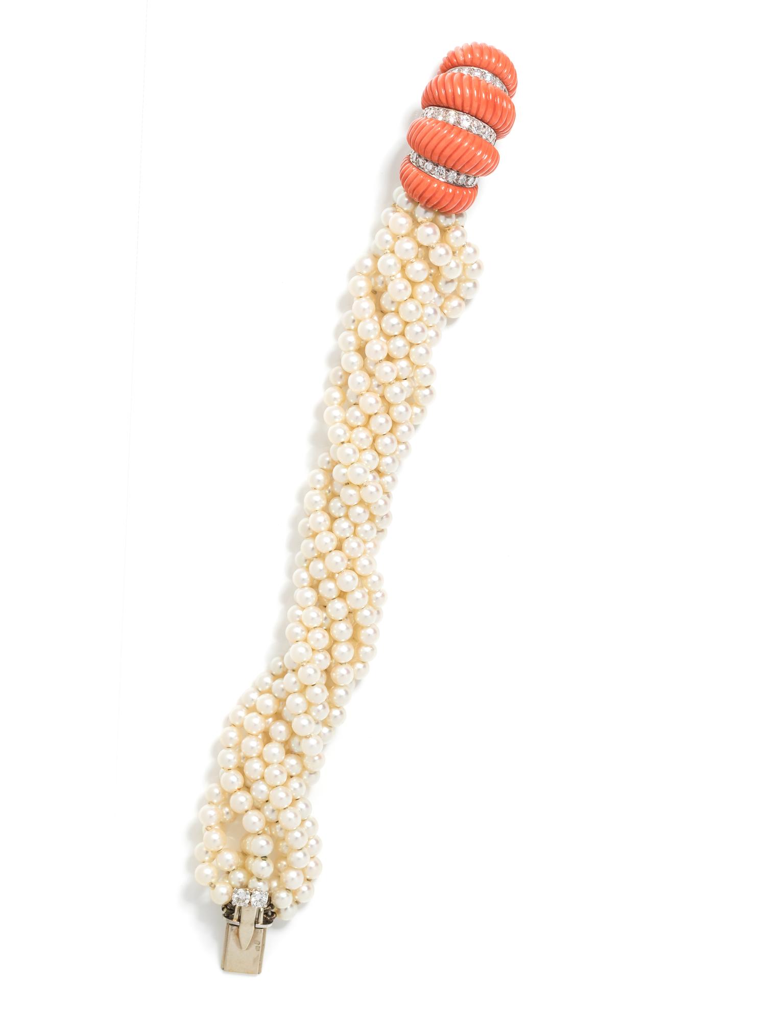 CARTIER, CULTURED PEARL, CORAL AND DIAMOND BRACELET