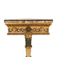 A Pair of North Italian Polychrome-Painted and Parcel Gilt Marble-Top Corner Consoles