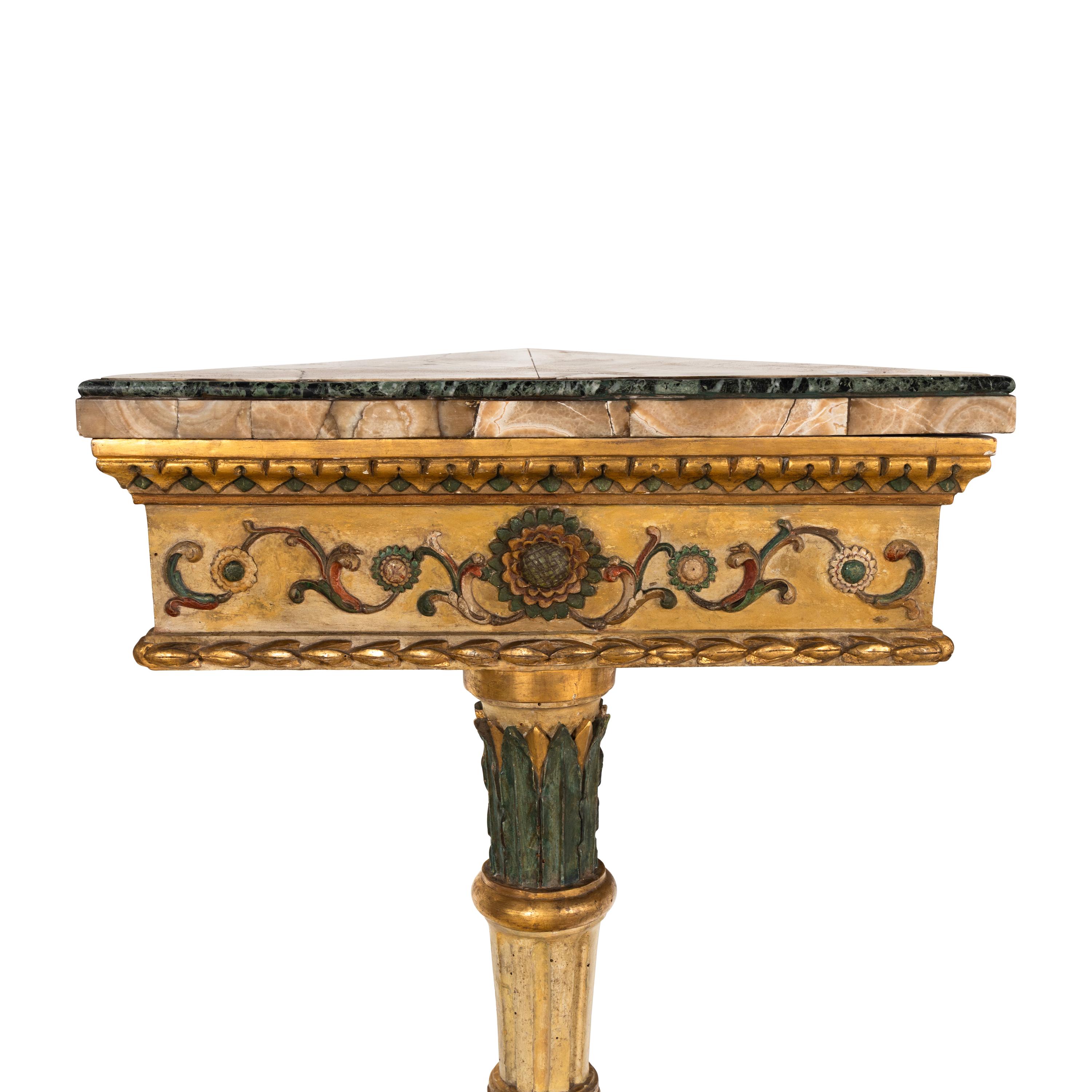 A Pair of North Italian Polychrome-Painted and Parcel Gilt Marble-Top Corner Consoles