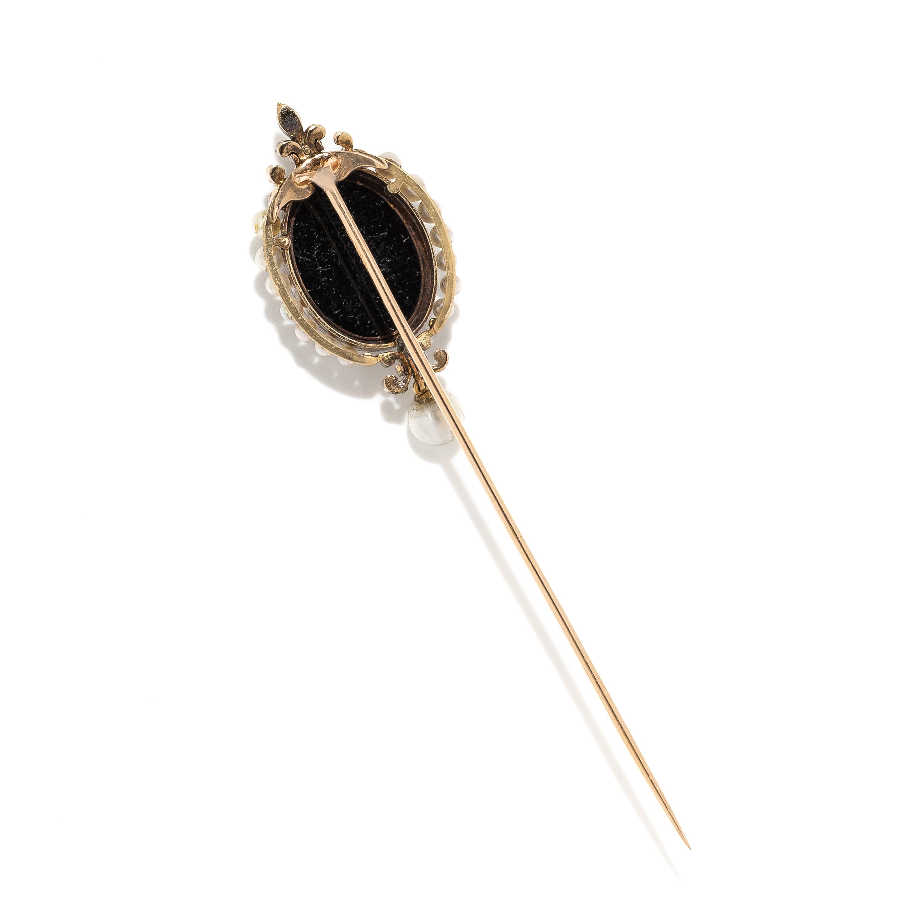 Antique, Banded Agate Cameo, Seed Pearl, and Diamond Stick Pin