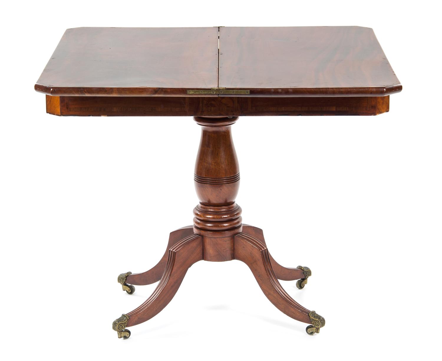 A Georgian Style Mahogany Flip-Top Game Table, Height 28 1/2 x width 46 1/2 x depth 59 1/2 inches (extended).
