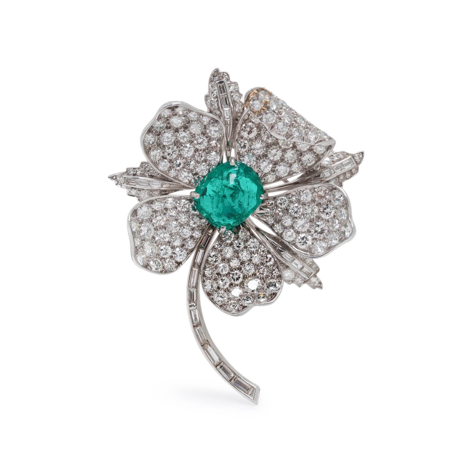 COLOMBIAN EMERALD AND DIAMOND FLOWER BROOCH