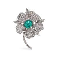 COLOMBIAN EMERALD AND DIAMOND FLOWER BROOCH