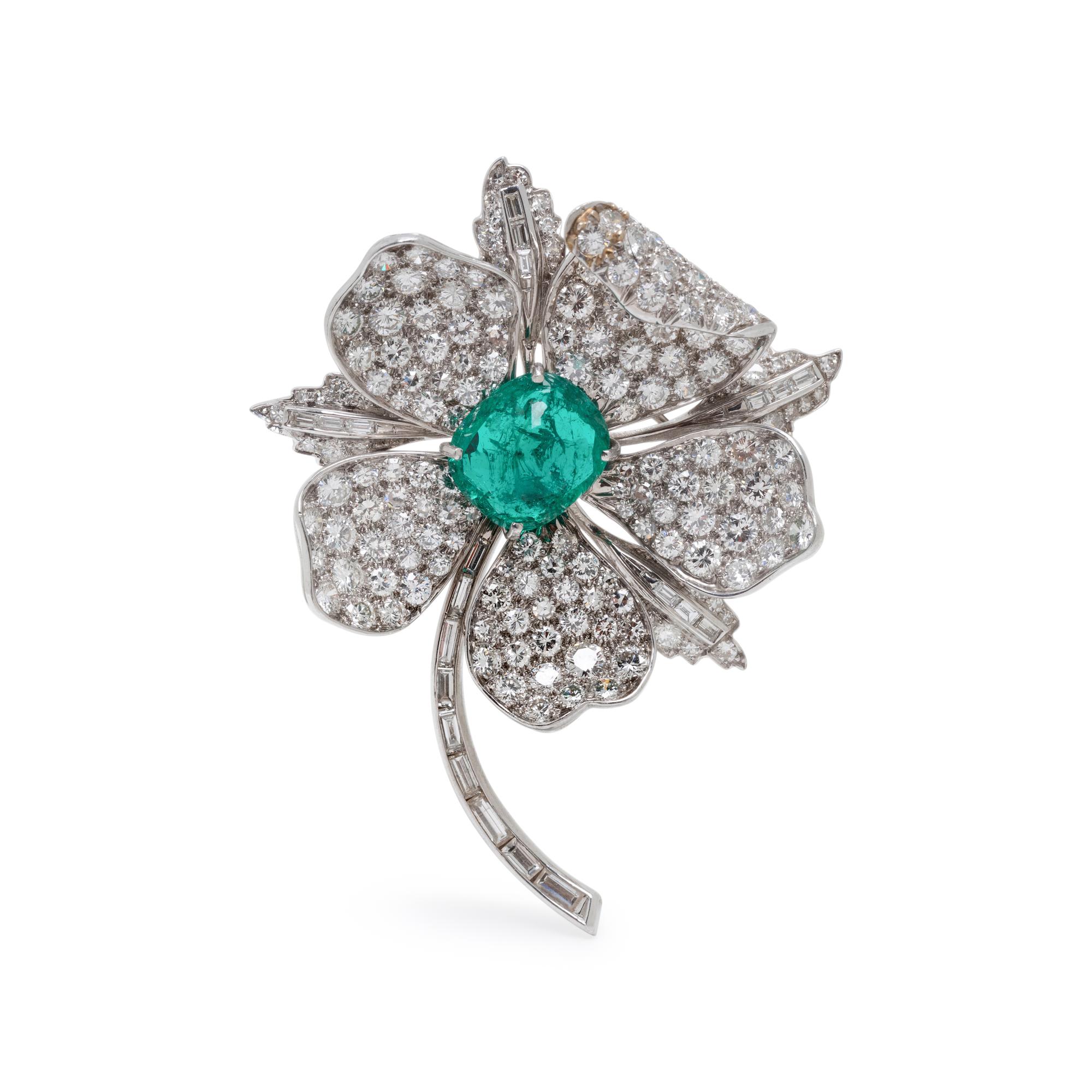 COLOMBIAN EMERALD AND DIAMOND FLOWER BROOCH