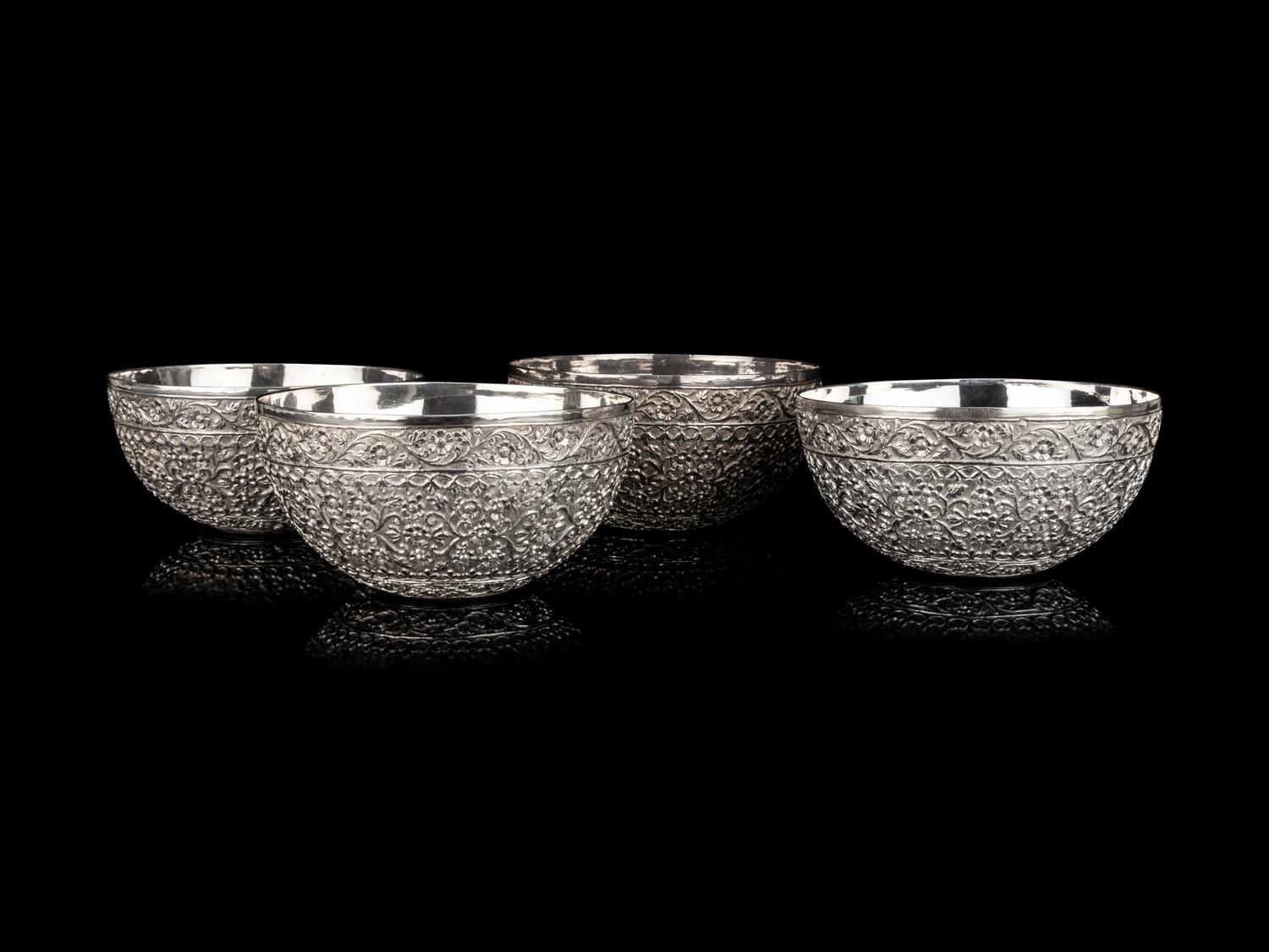 Four Indian Chased Silver Bowls