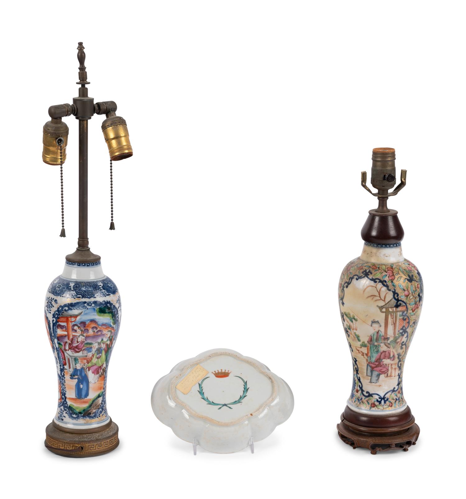Two Chinese Export Porcelain Vases and a Porcelain Dish
