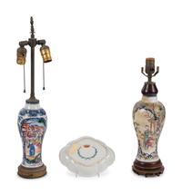Two Chinese Export Porcelain Vases and a Porcelain Dish