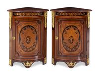 A Pair of Napoleon III Gilt Bronze Mounted Marquetry Encoignures