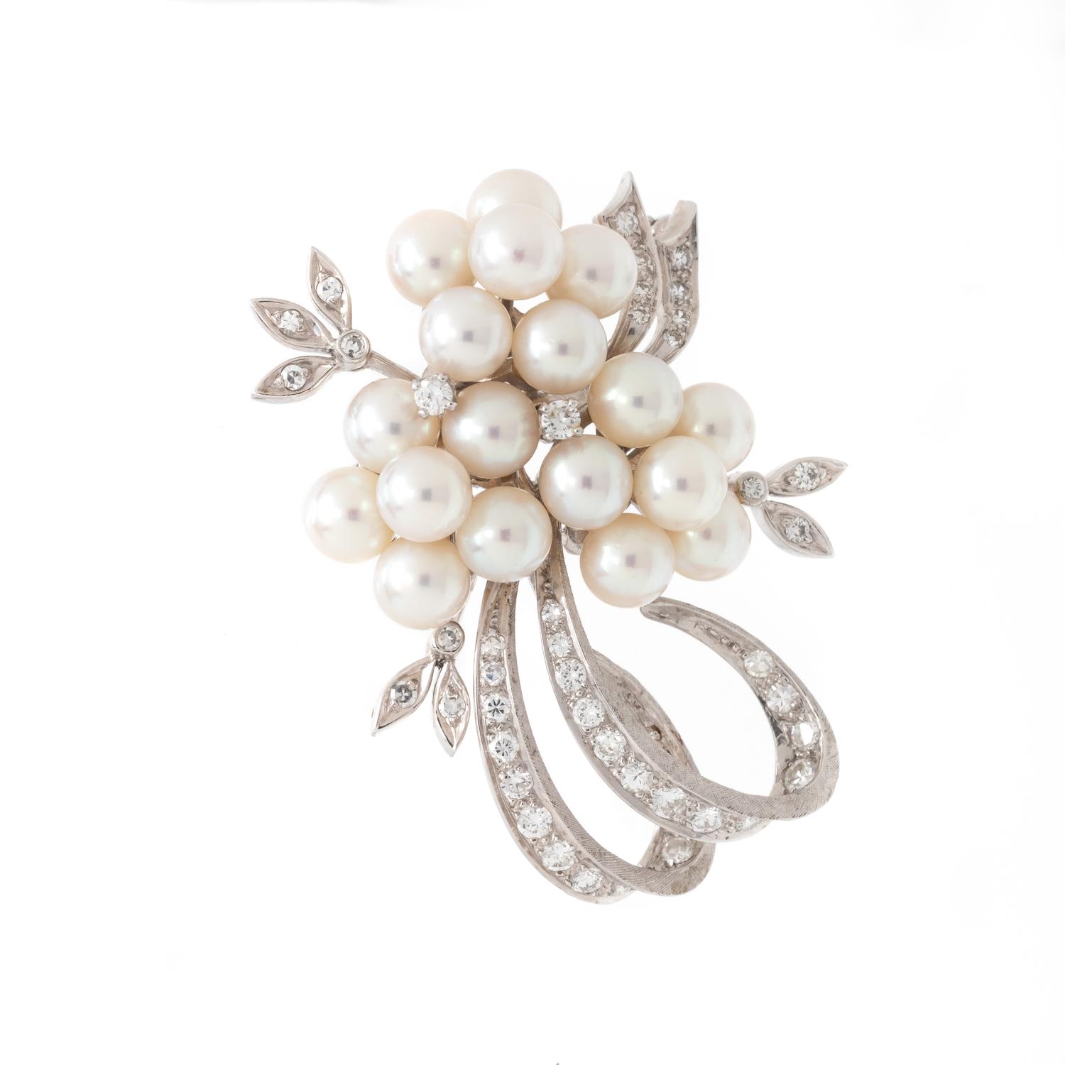 CULTURED PEARL AND DIAMOND BROOCH