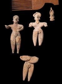 Four Colima Female Figures, Two Akan Wood Spears, and a Wood Comb