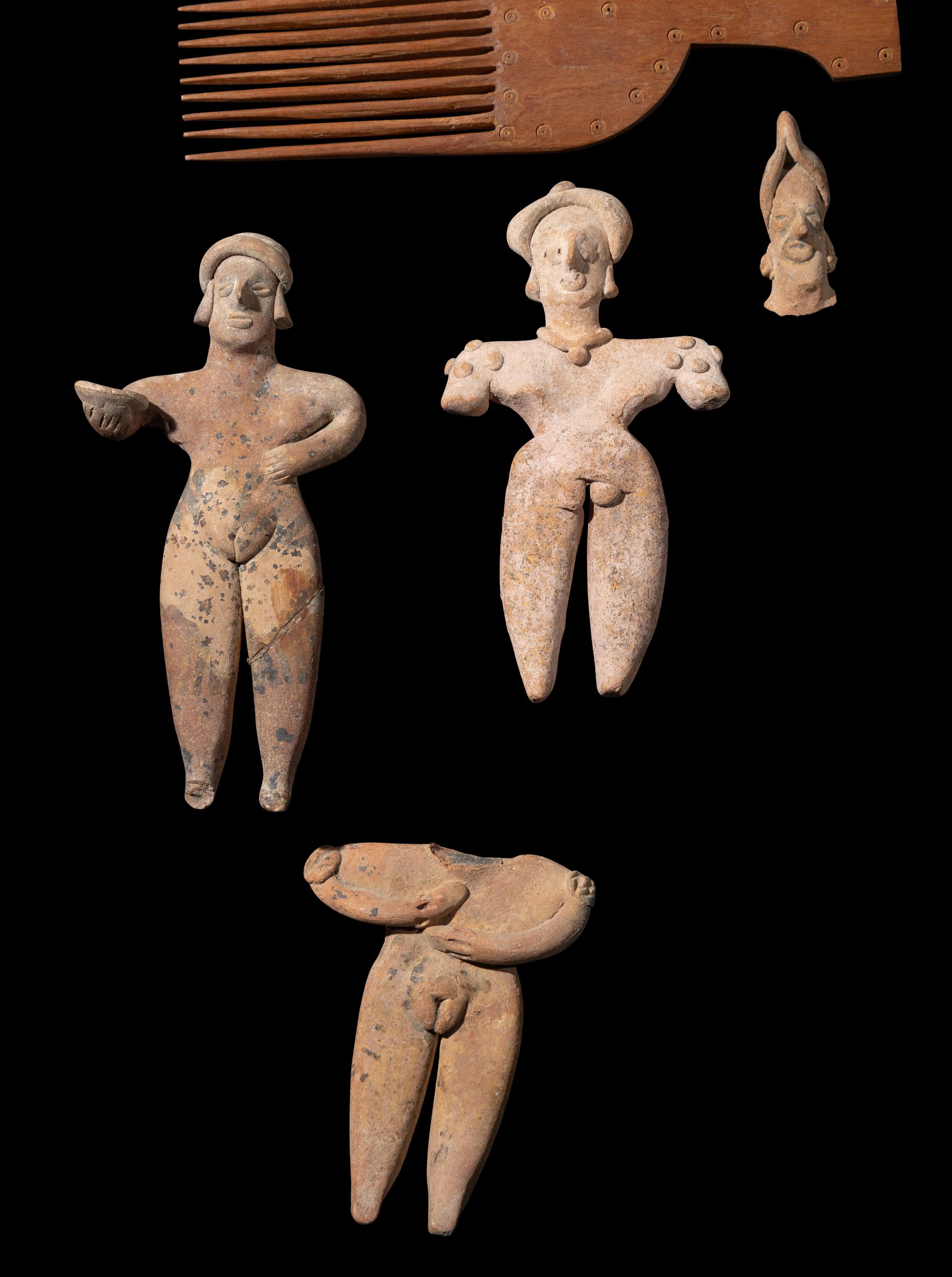Four Colima Female Figures, Two Akan Wood Spears, and a Wood Comb