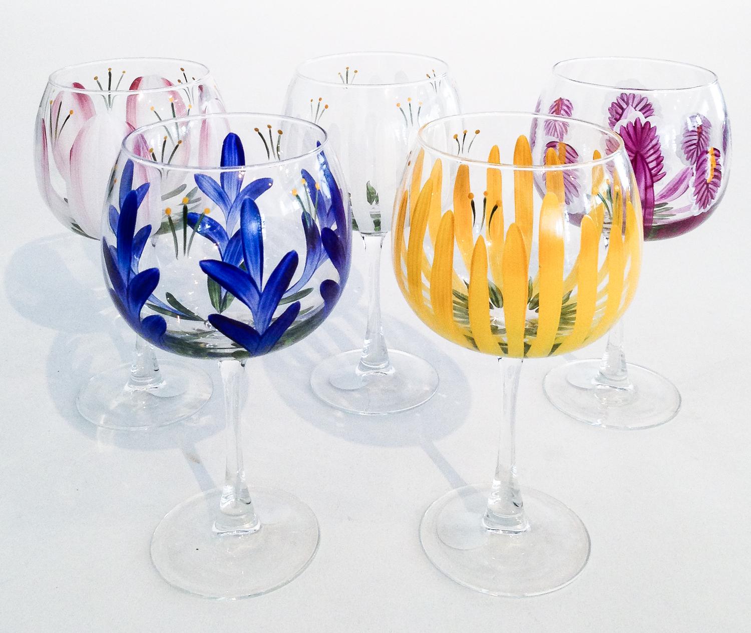 Five Handpainted Red Wine Glasses Height 7 5/8 inches.
