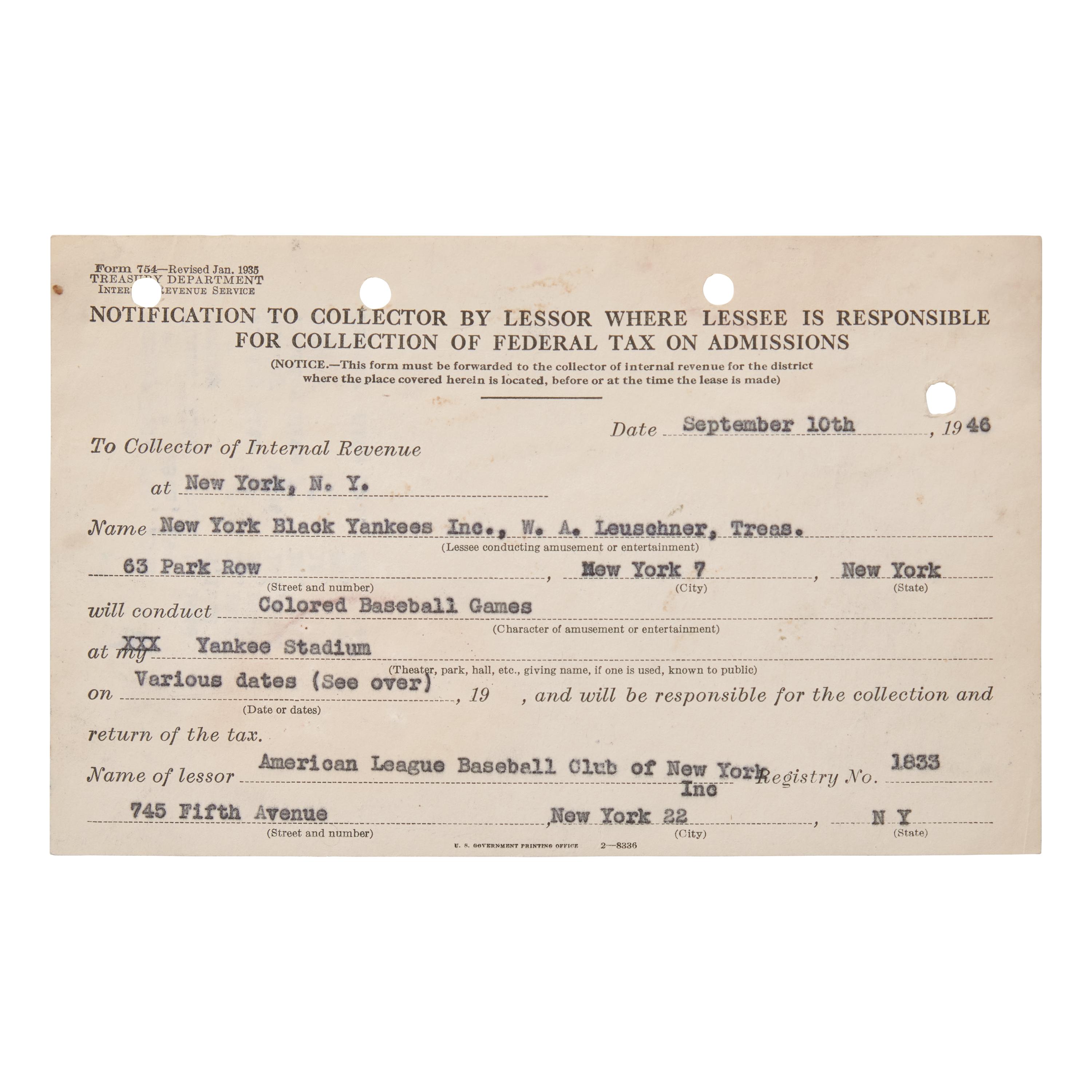 [Baseball] [Negro League] Partially-Printed Tax Document for the New York Black Yankees