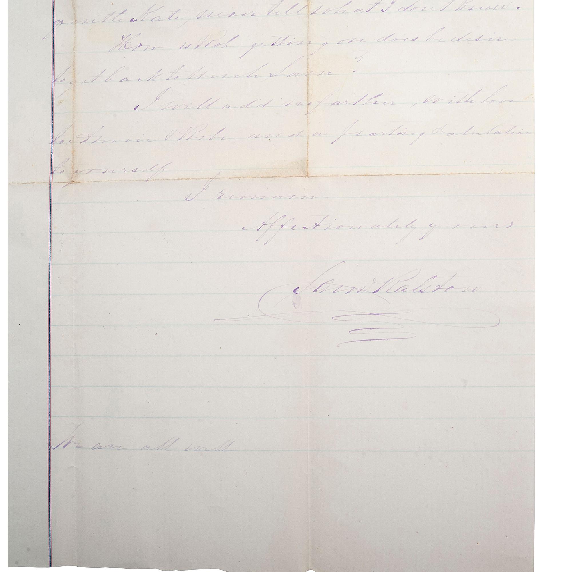 [OUTLAWS & LAWMEN]. A group of 4 items, highlighted by: RALSTON, Sam (1809-1899). Autograph letter signed ("Sam Ralston") to son-in-law, Frank James. Independence, MO, 8 April 1883. 2 pages, 7 3/4 x 12 1/2 in.